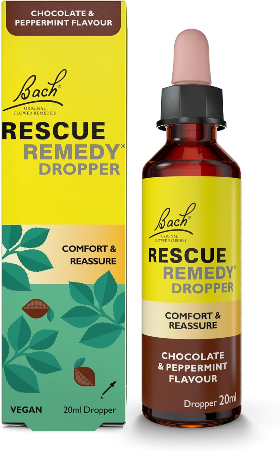Rescue Remedy Dropper 20ml (Chocolate & Peppermint) Comfort & Reassurance, Alcohol Free, Natural Emotional Wellness Day Support, Flower Essence Vegan Formula, Travel, Exams
