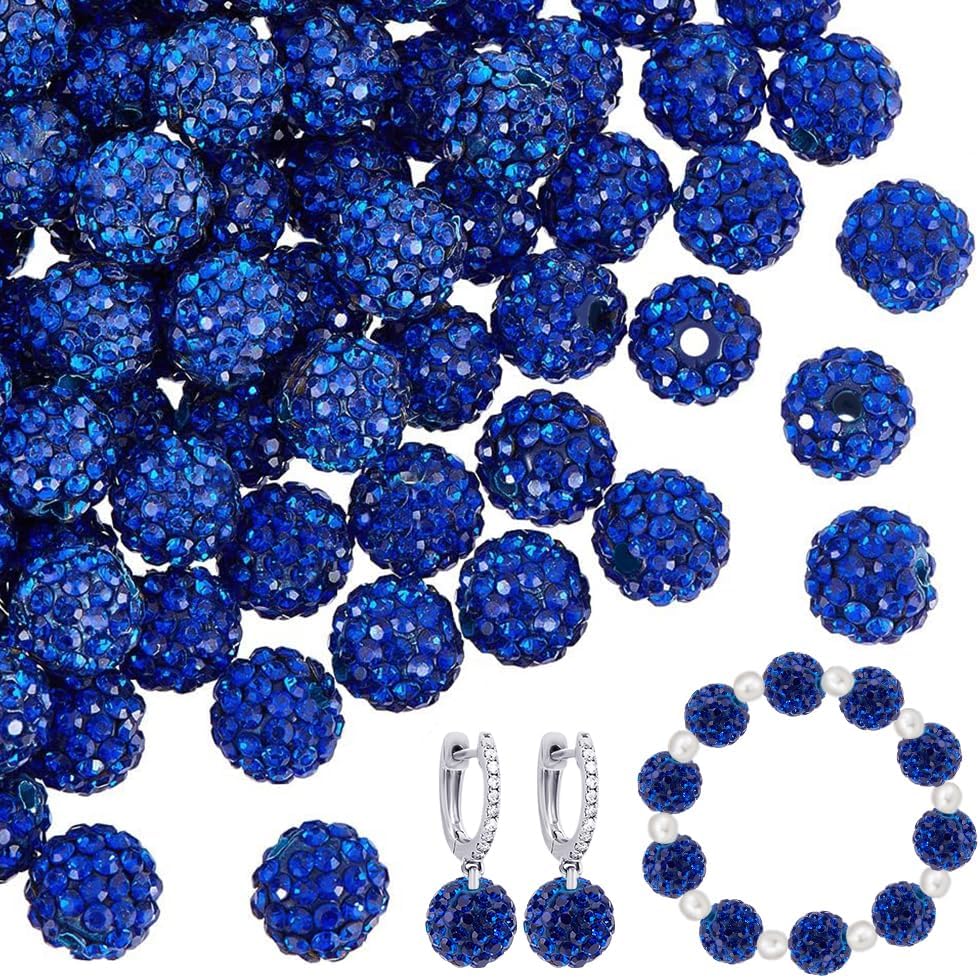 PH PandaHall About 100pcs 10mm Blue Rhinestone Beads Blue Polymer Clay Beads Crystal Beads Pave Disco Ball Clay Beads Round Diamond Clay Beads for Necklace Bracelet Jewelry Making Party Decoration