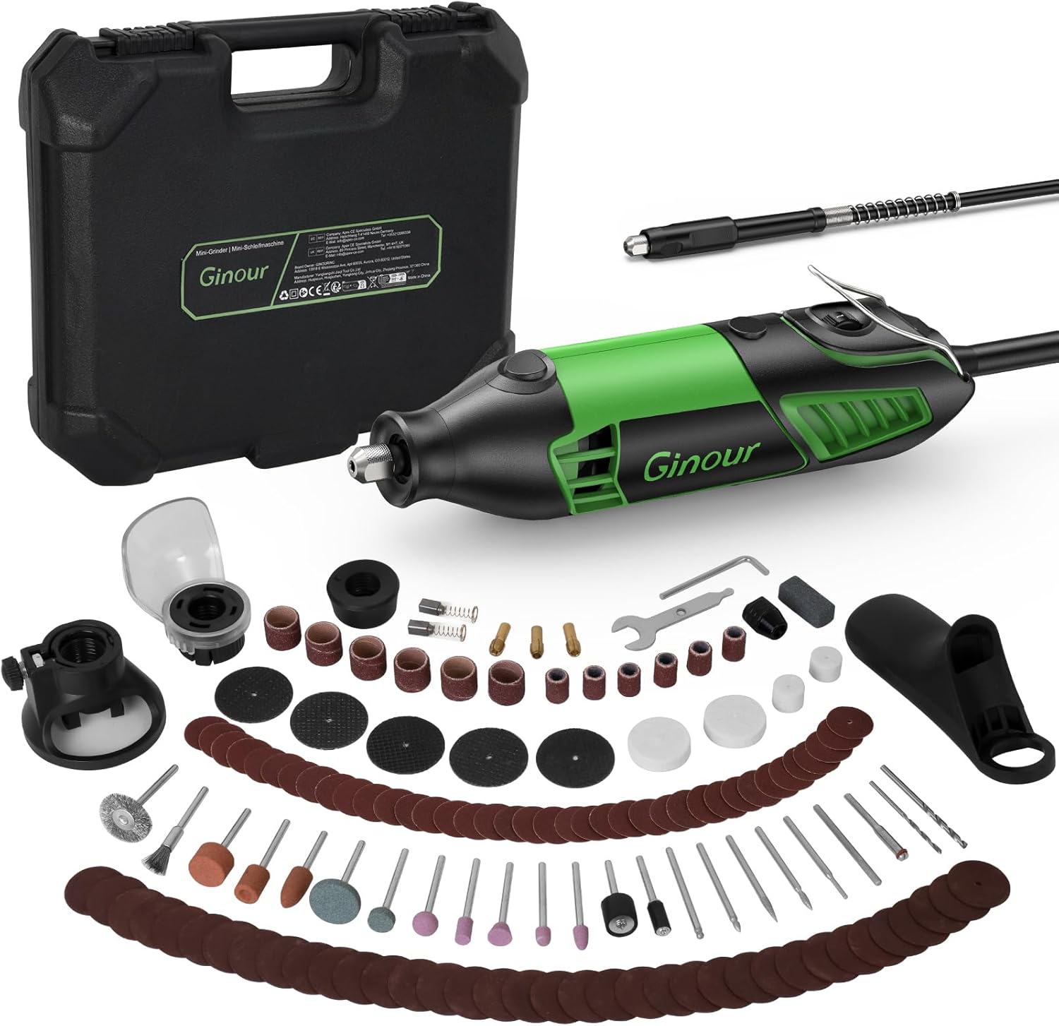 Ginour Rotary Tool Kit 200W Rotary Multi Tool 6 Variable Speed 8000-35000RPM with Keyless Chuck and Flex Shaft, 135pcs Accessories Set for DIY Craft, Engraving, Cutting, Sanding, Polishing