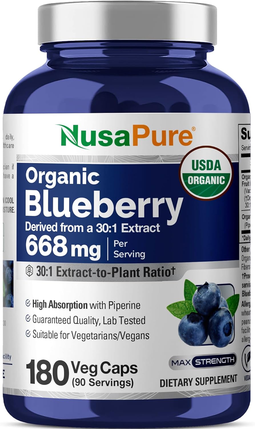 NusaPure Organic Blueberry Capsules, 668 mg, 180 Veg Capsules (Non-GMO, Vegan, USDA)