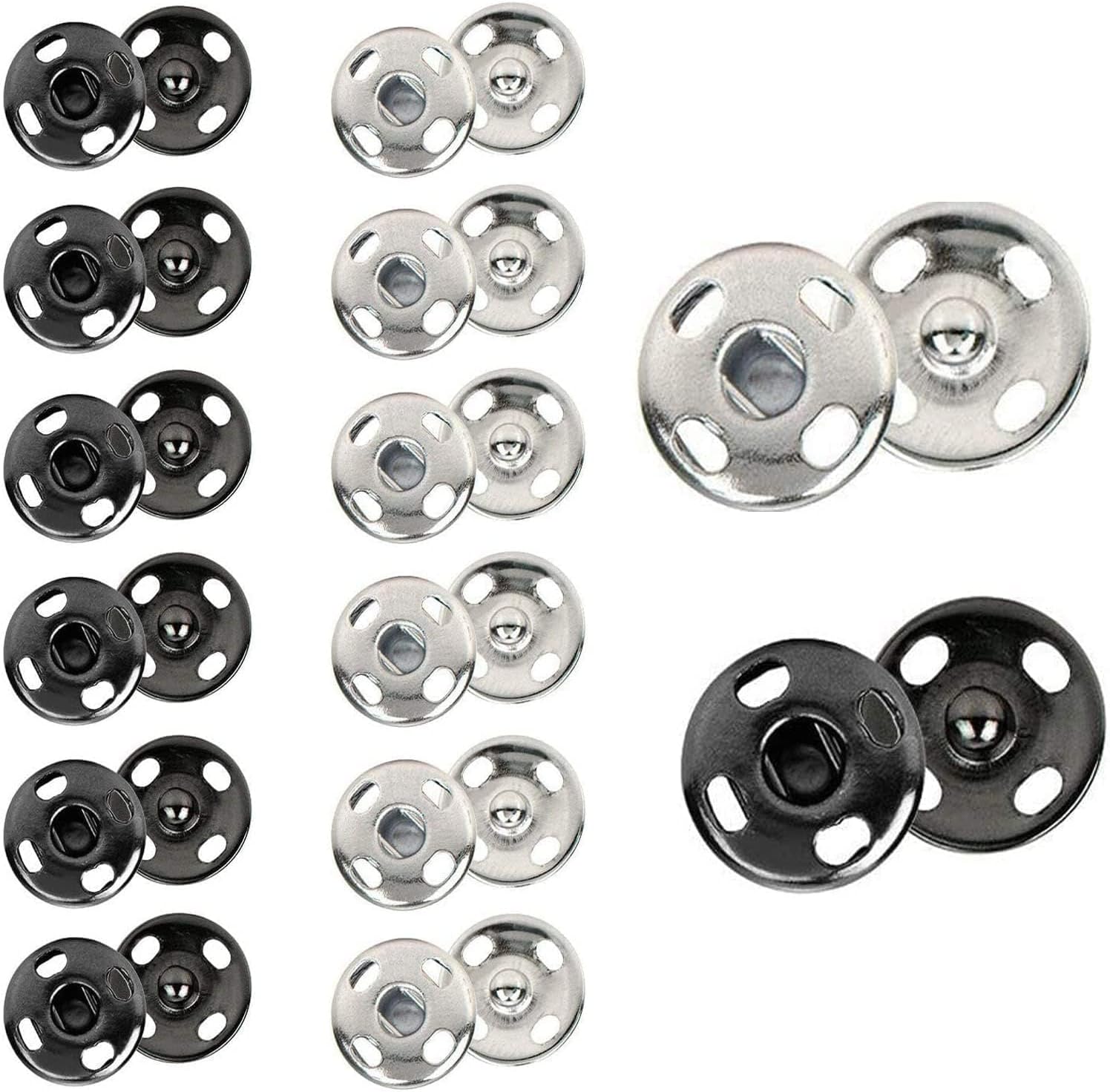 24 Sets 7mm Poppers Fasteners Kit, Press Studs Snap Fasteners Sew On Black Snap Buttons Silver Popper Fasteners Popper Snaps DIY Set Press Studs for Clothes Bags