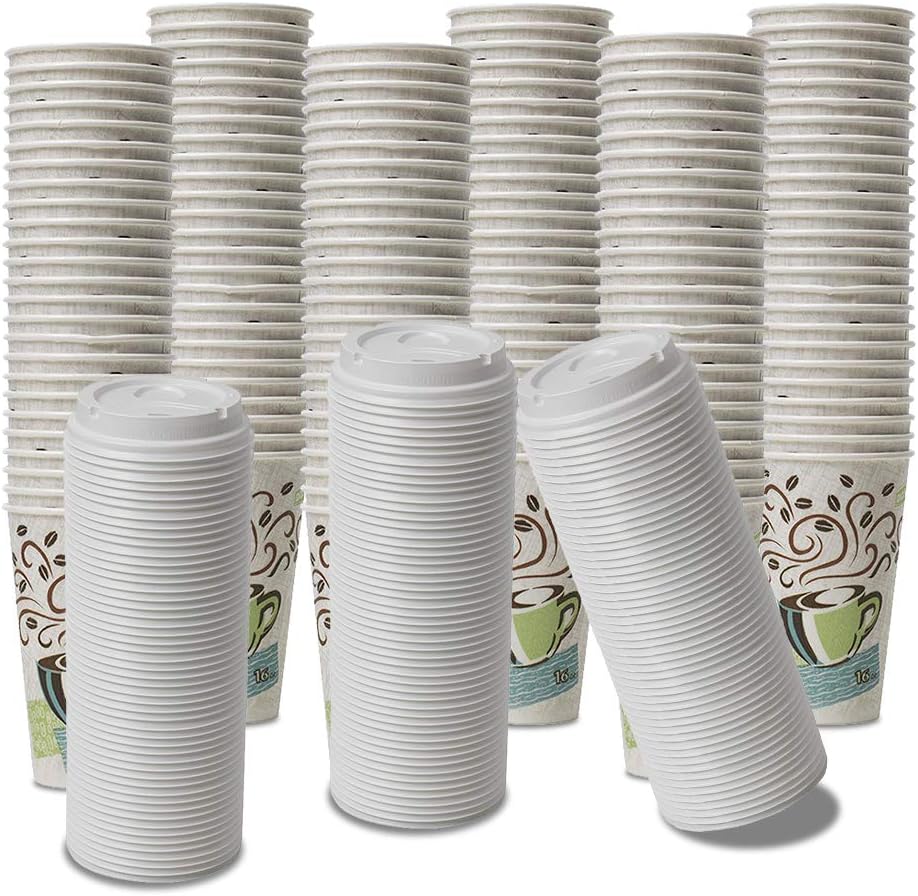 Dixie PerfecTouch WiseSize Coffee Design Insulated Paper Cup, 12oz Cups and Lids Bundle (12 oz, 100 Cups, 100 Lids)
