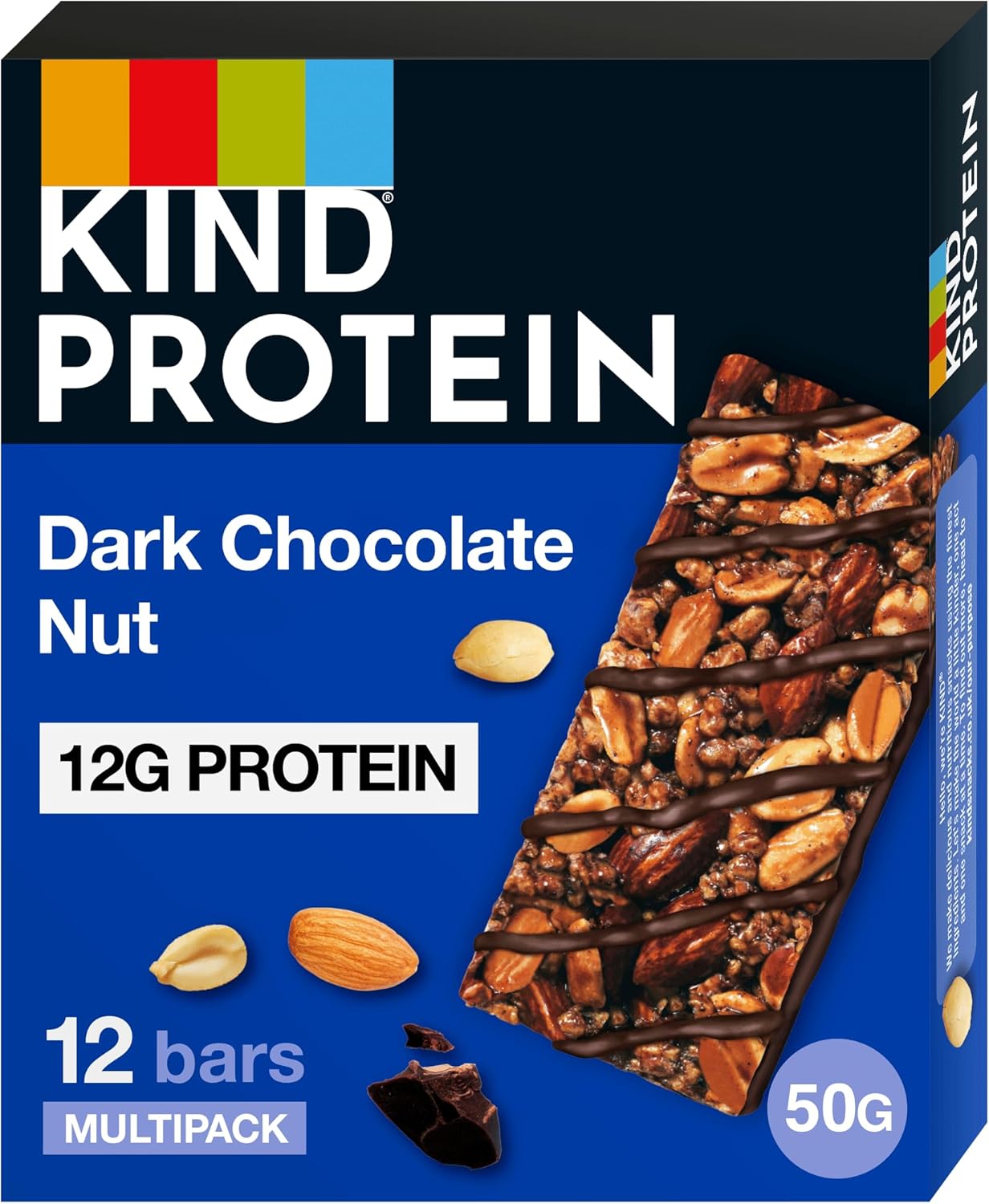 KIND Protein Bars, Gluten Free Snack Bars, Dark Chocolate Nut, High Fibre, Healthy Snack, Source of Protein, No Artificial Colours, Flavours or Preservatives, Multipack 12 x 50g