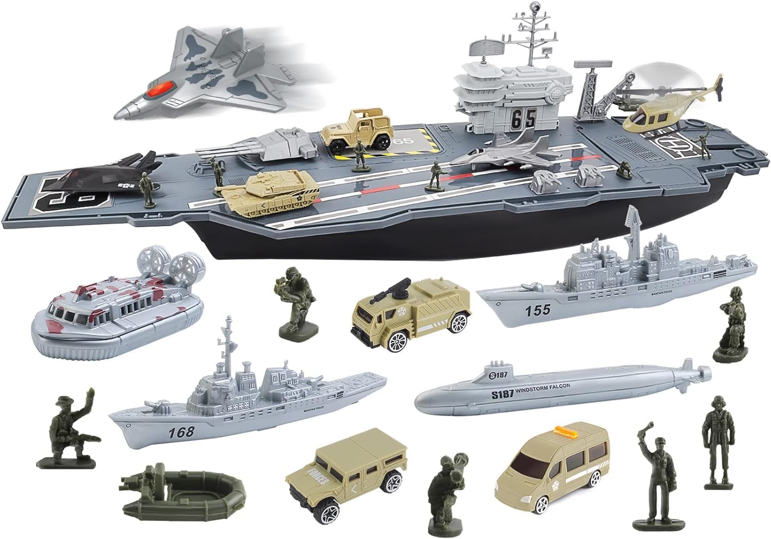 deAO Aircraft Carrier Toy Army Men with Scale Model Warplanes Warships Military Vehicles Battleship Planes Helicopter Trucks Tank Toys for Kids Boys Girls 28 Inches