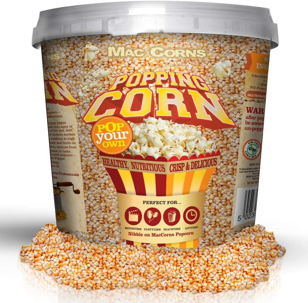 MacCorns USA Top Grade Popping Corn - 9kg Mega Bucket American Popcorn Kernels, Traditional Popping & Popcorn Machines - Gluten-Free, Soy-Free, Sesame-Free, Nut-Free (£5.55 per kg)