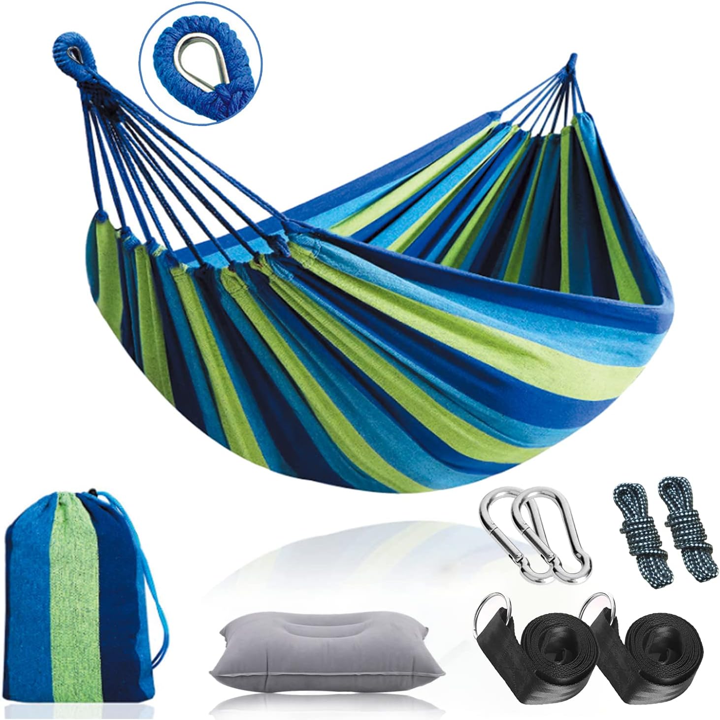 KaiSun Cotton Double Hammock Portable 2 Person Durable Extra Large Canvas Hammock with Inflatable Pillow, 2 Tree Straps and Travel Bag, Perfect for Camping Outdoor/Indoor Patio Backyard（ Max 550lb）