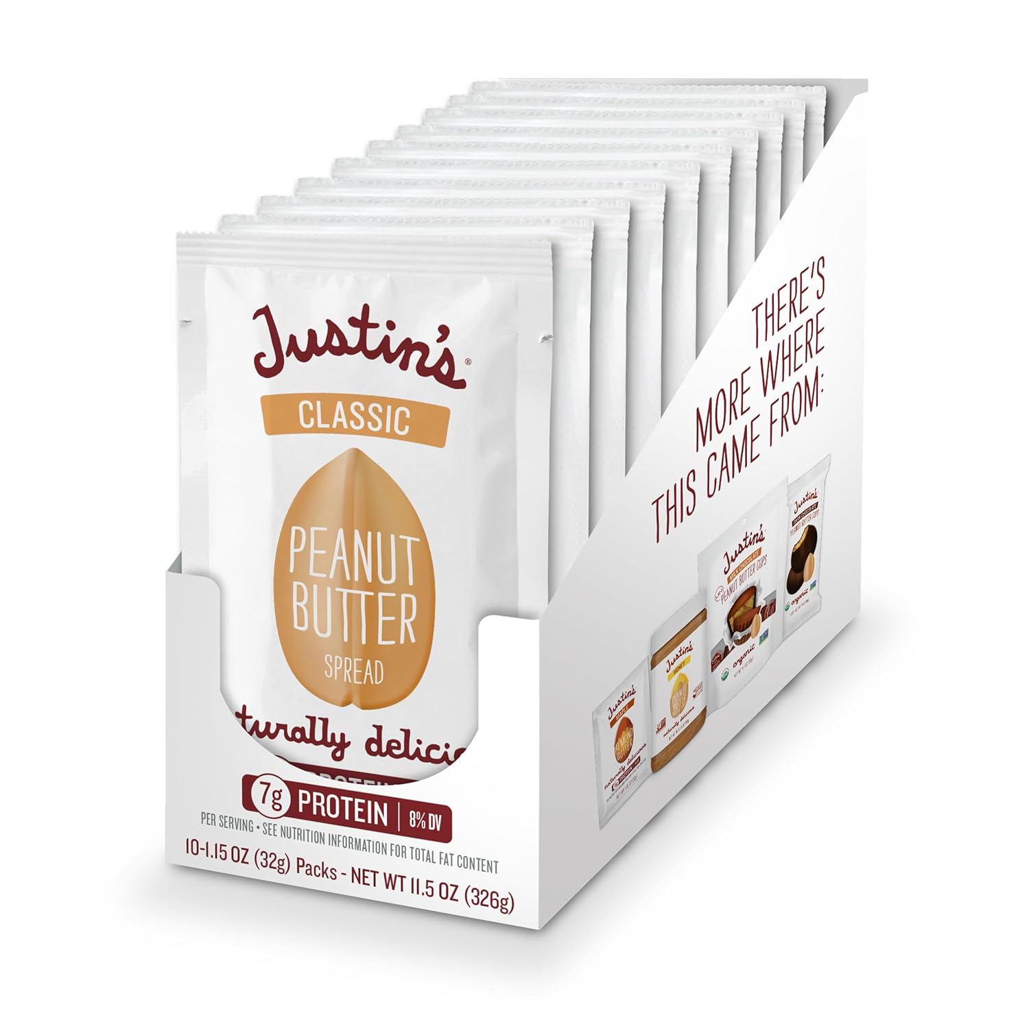 JUSTIN'S Classic Gluten-Free Peanut Butter Spread Squeeze Packs, 1.15 Ounce (10 Pack)