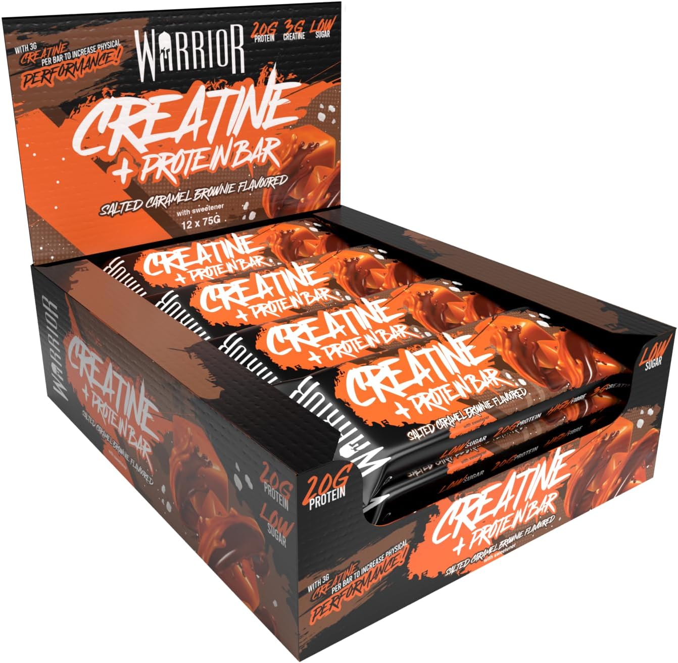 Warrior Creatine Protein Bars – Low Carb Snack, Oat Based Flapjack Bar, Increase Physical Performance, 12 x 75g (Salted Caramel Brownie)