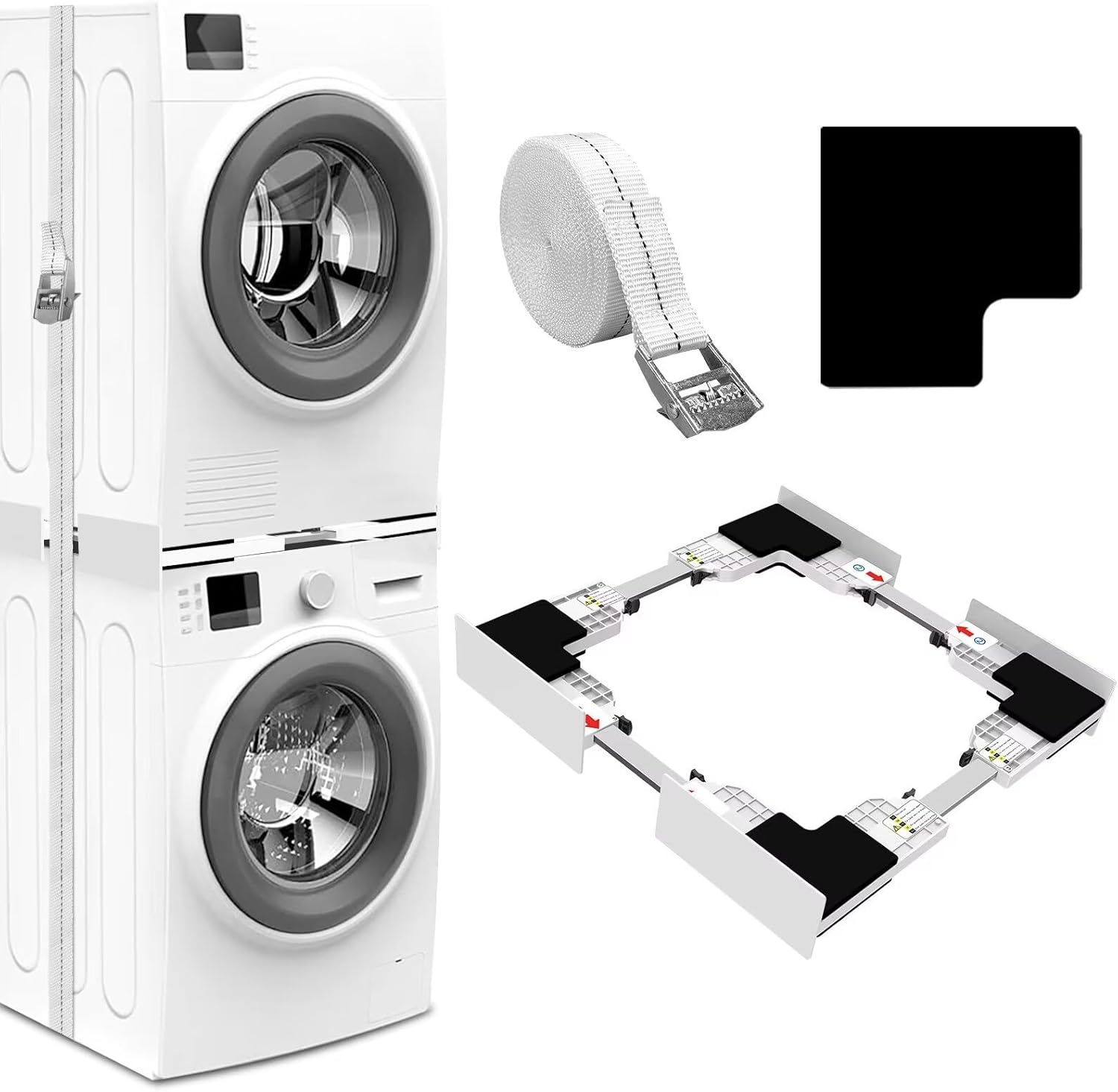 NIUXX Universal Stacking Kit for Washing Machine and Tumble Dryer, Adjustable Stacking Frame Kit for 46-66 cm Washer Dryer, Intermediate Frame with Ratchet Ropes and Anti Vibration Pads, Space-Saving