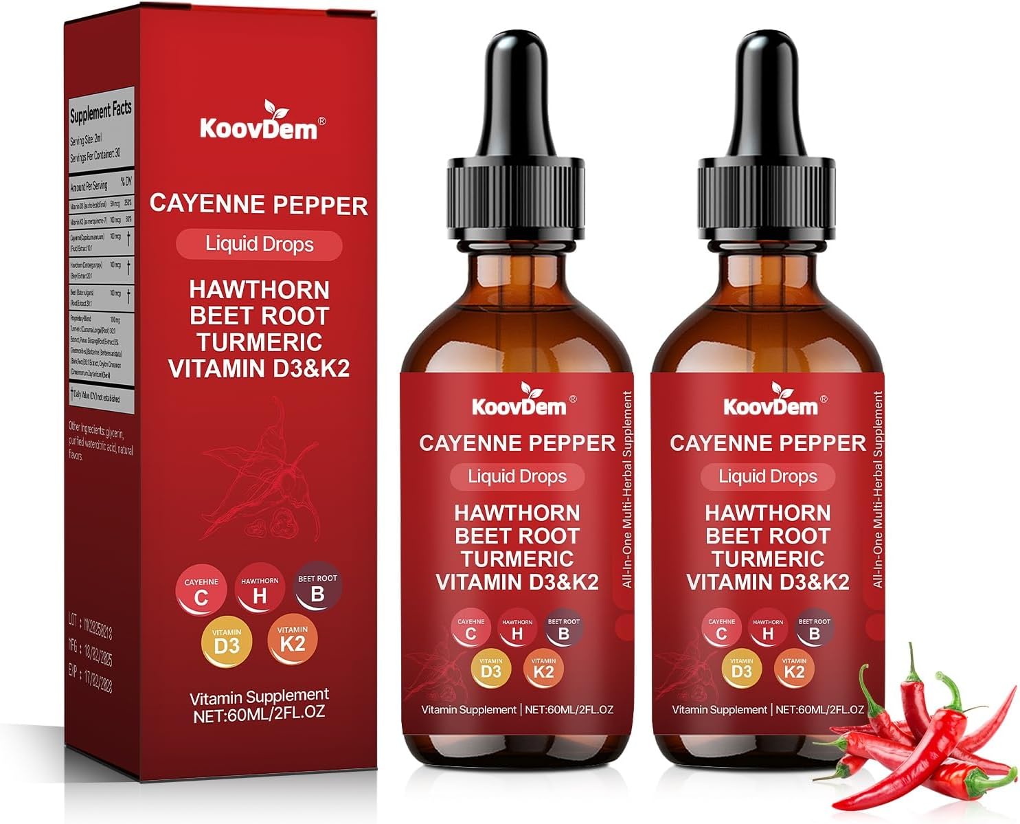 New Cayenne Pepper Drops, Cayenne Pepper Extract, Liquid Drops with Hawthorn Support for Blood Flow - 2 Bottles(60ml)
