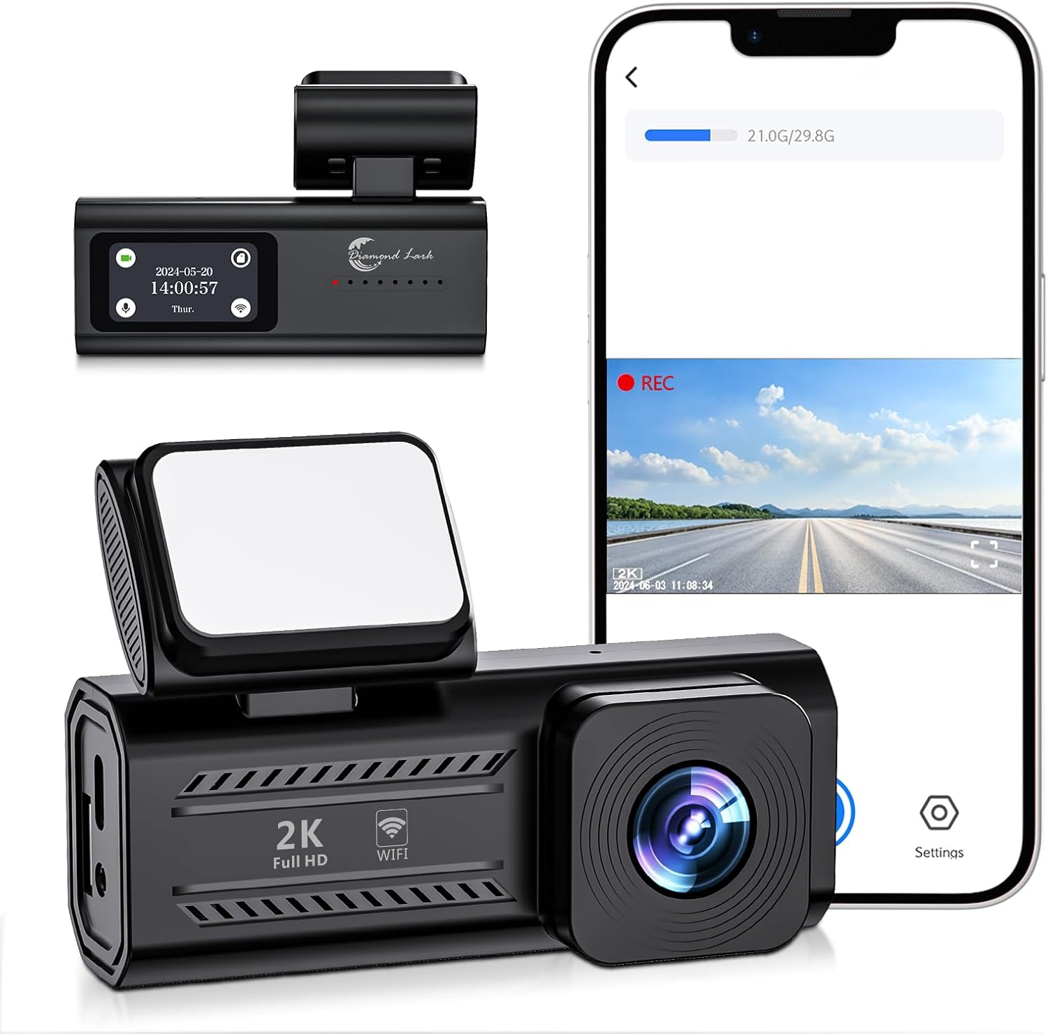 Diamond Lark Dash Cam Front, Built-in WiFi, App Control, 2K 1440P Mini Car Camera Dashcam, 1.47” LCD Screen, 170°Wide Angle, 24H Parking Mode, Night Vision, Detachable Bracket, Not Included SD Card
