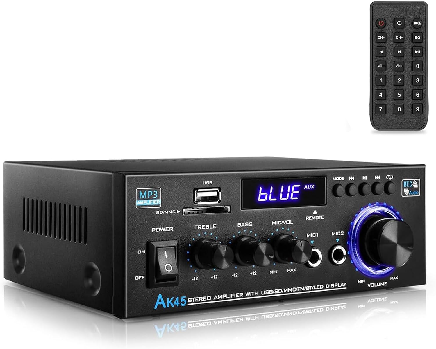 AK45 Stereo Amplifiers Home Audio, Stereo Receivers 300W Home 2 Channel Bluetooth 5.0 Power Amplifier System, FM Radio, USB, SD Card, with Remote Control for Home Theater Speakers Studio, Karaoke