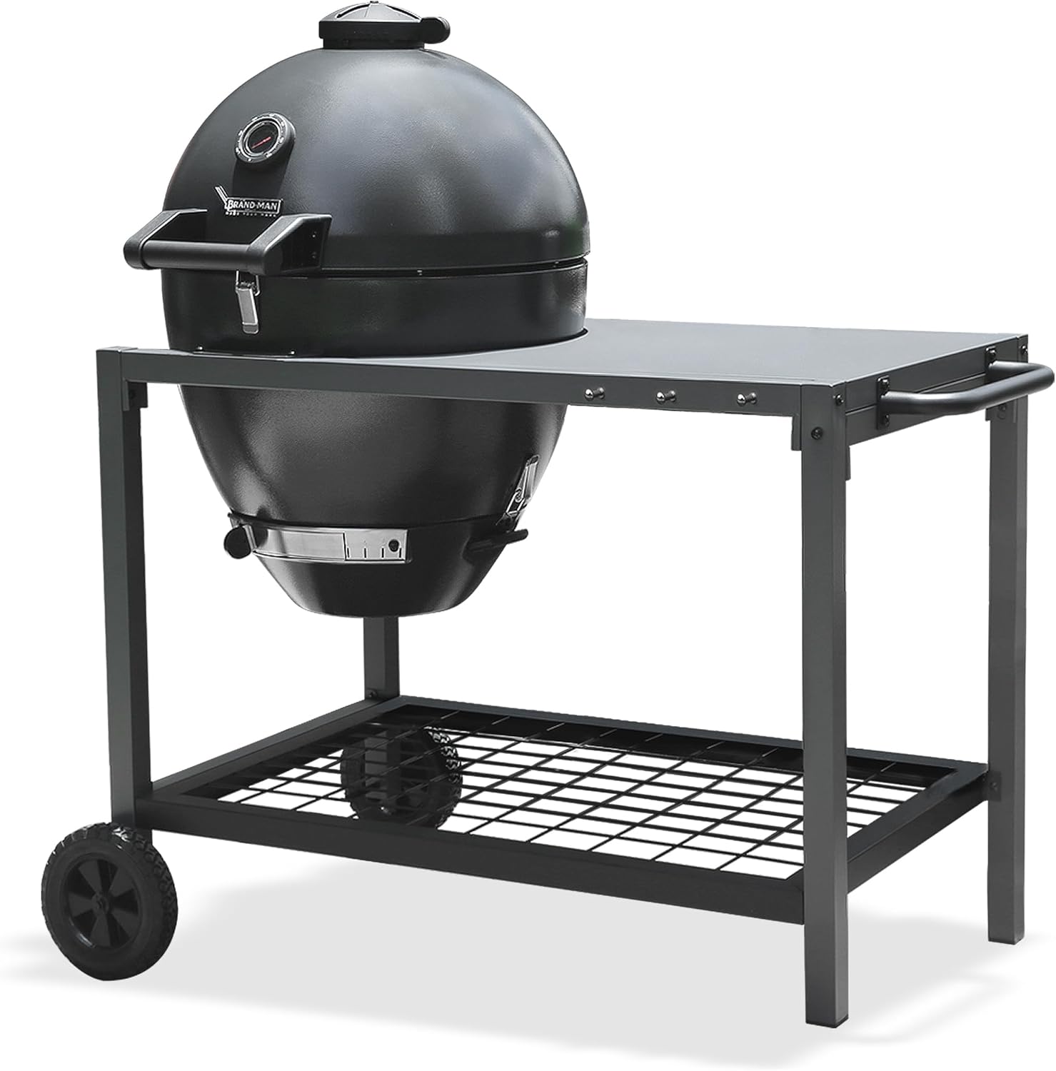 Brand-Man RODEO Steel Kamado Charcoal Grill and Smoker with 22in Cast Iron Grates and Large Prep Table Cart Perfect for Outdoor Cooking