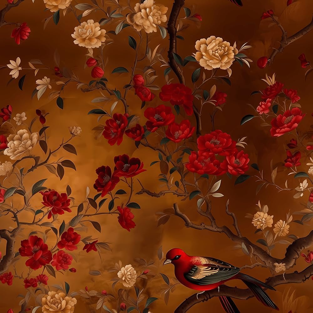 REDAMANCY Wallpaper, Red Golden Birds Boho Peony, Vintage Peel and Stick, Easy Peel Off, Renter Friendly, 17.7"x236"