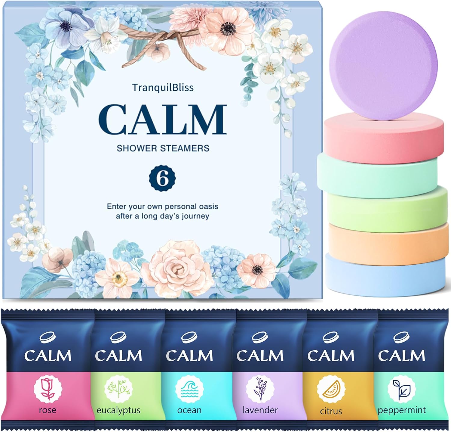 Shower Steamers 6 Count, Shower Steamers with Natural Ingredients, 6 Different Scents & Individually Wrapped, Christmas and Birthday Good Option for Her, Mom, Friends