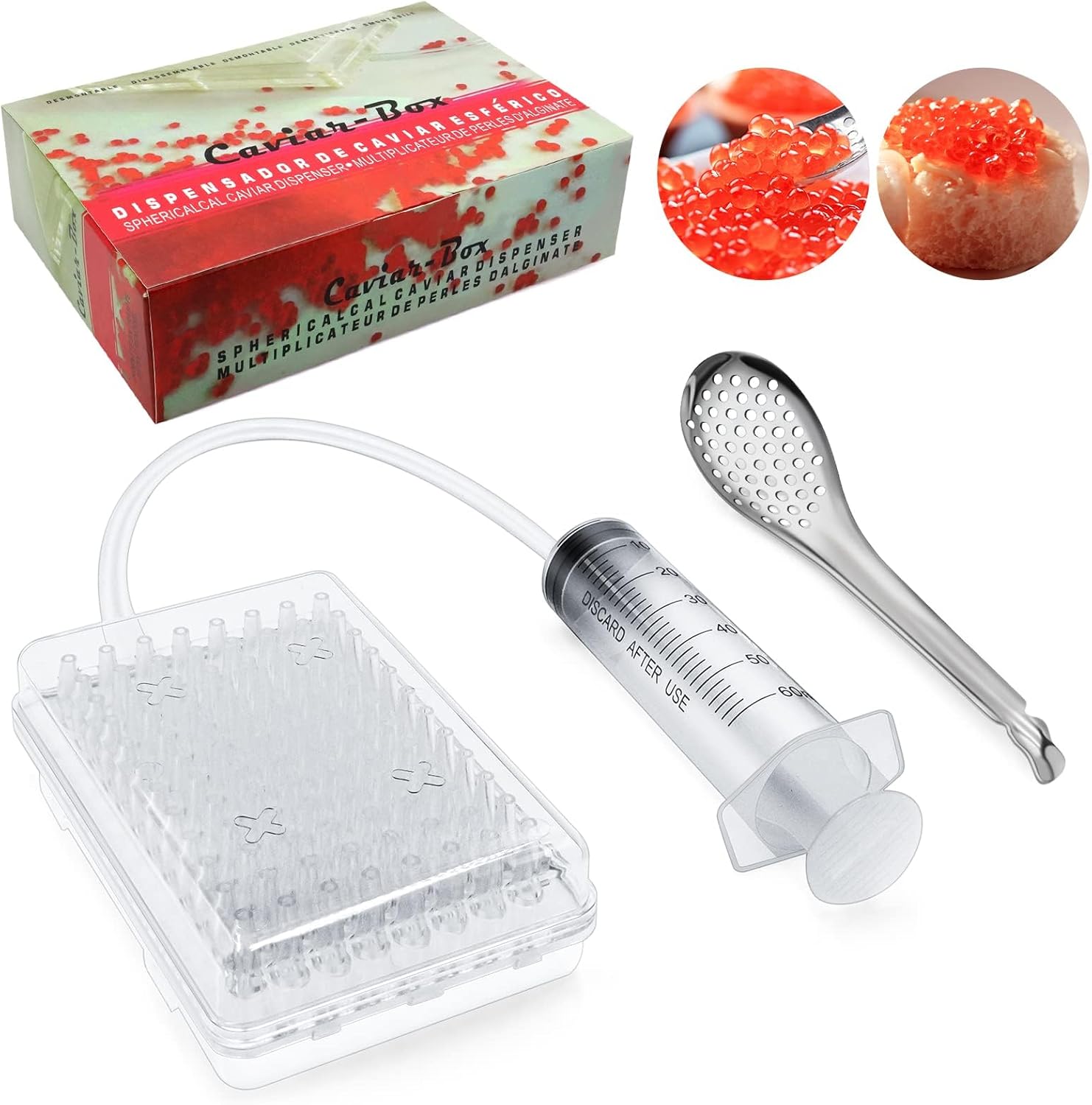Caviar Maker Box, Spherification Dropper, Molecular Gastronomy Kit, 96 Holes Roe Sauce Dispenser Strainer Tools with Caviar Spoon, Syringe & Suction Tray