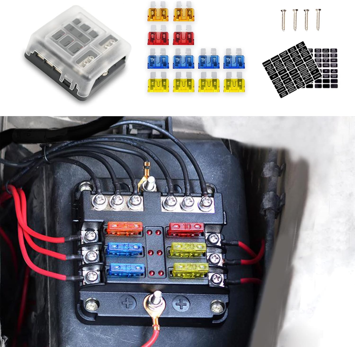 6 Way 12V Fuse Box, Waterproof Fuse Box Holder with LED Indicator Waterpoof Cover, Waterproof Boat Fuse Panel for 12V-32V Automotive Truck Boat RV Van Vehicle