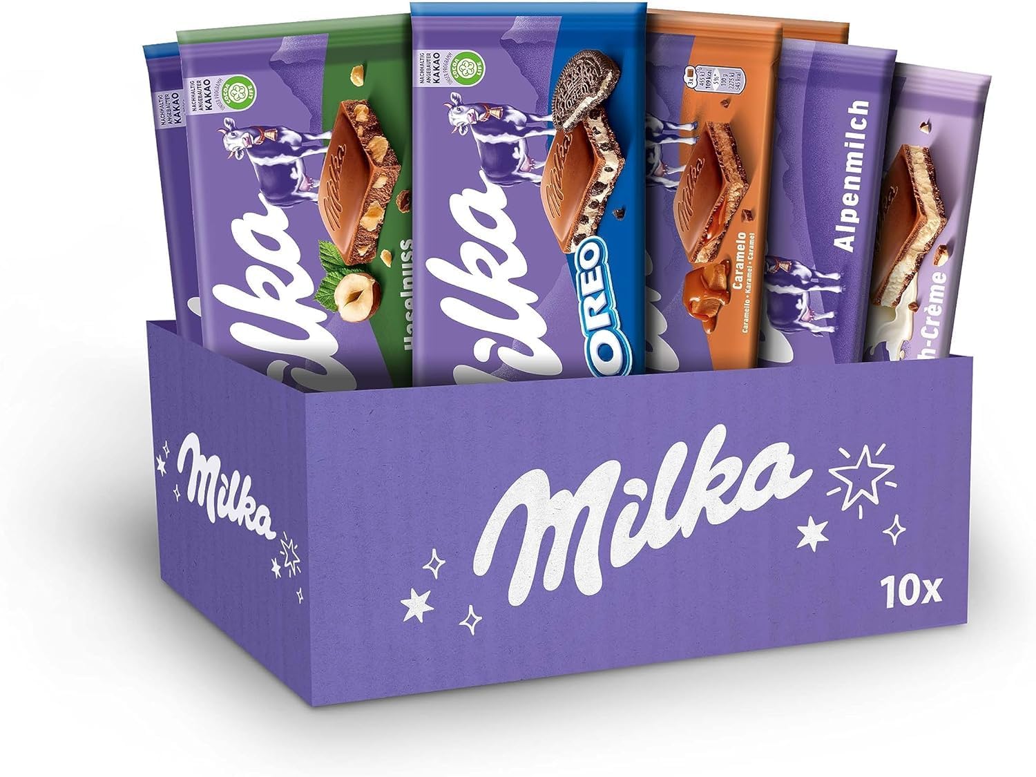 Milka Selection Gift Sharing Bulk Box, Assorted Chocolate Tablets, Milka OREO, Caramelo, Creme, Hazelnut and Alpine Chocolate Milk, Perfect for Gifting, 100 g Bars (Pack of 10 Bars)