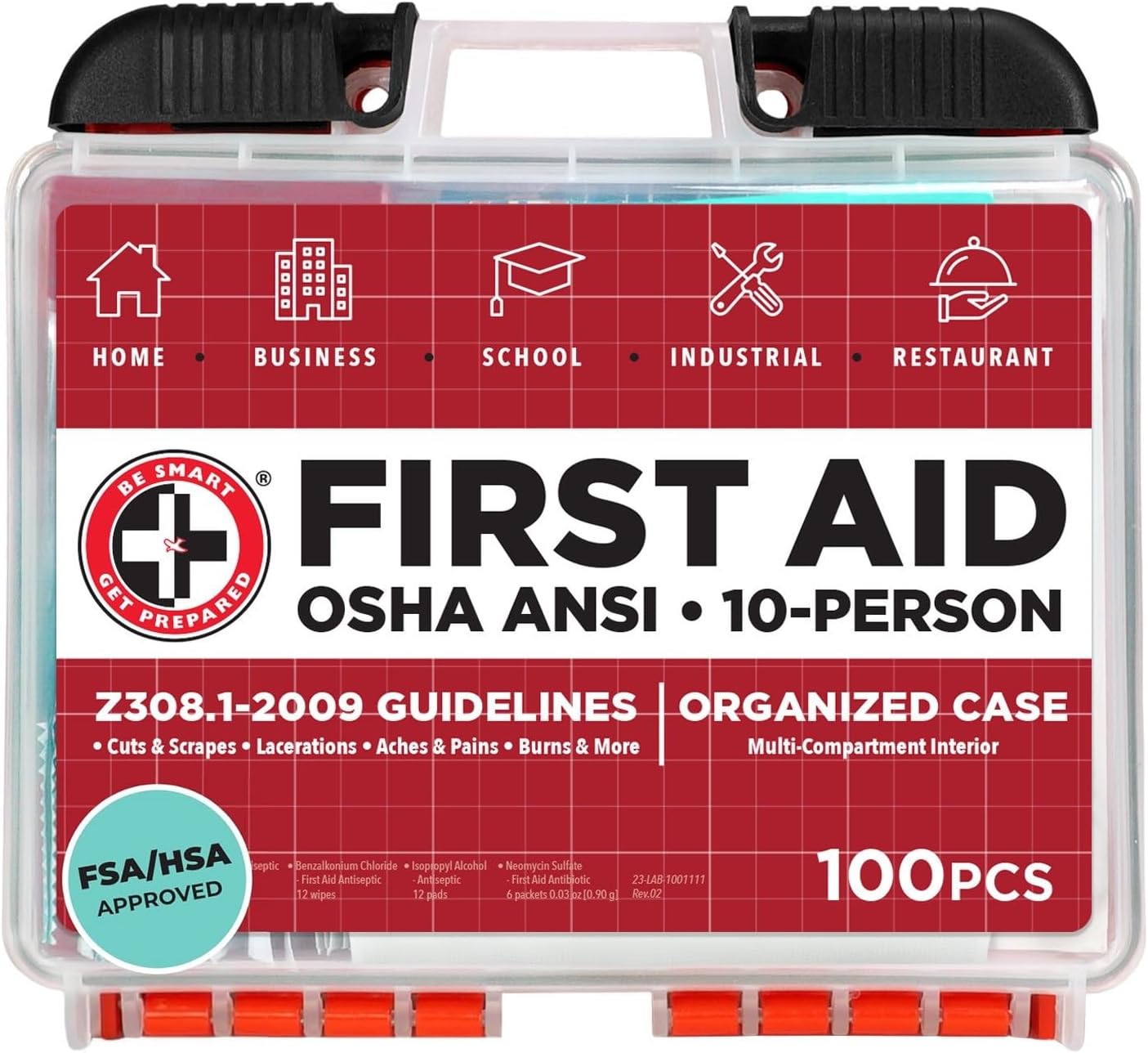 Be Smart Get Prepared OSHA/ANSI First Aid Kit - 10 Person, 100 Pieces - Designed for Home, Business, School, Industrial, and Restaurants - Compact & Portable