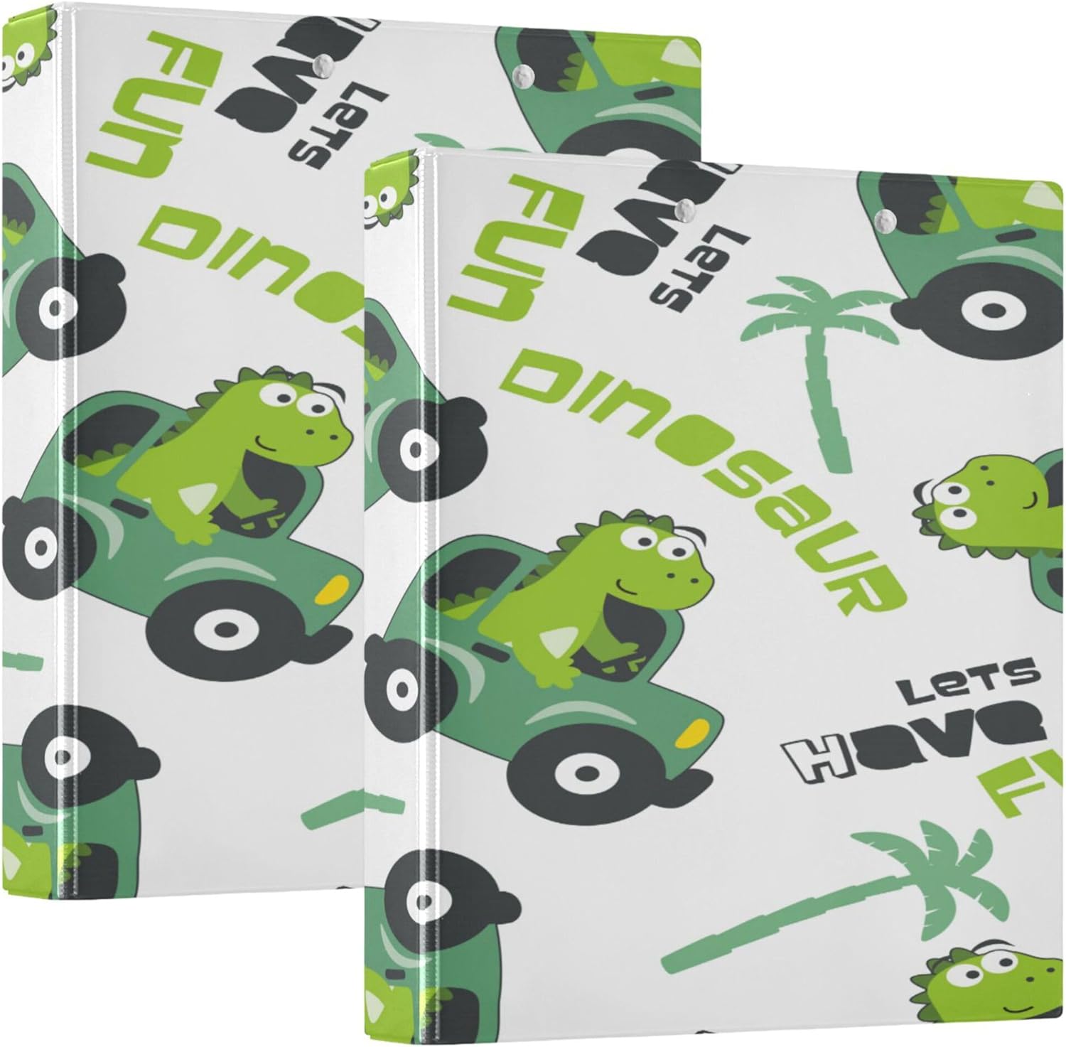 3-Rings Binders 1.5" Binders with Interior Pockets 1/2 Packs School Supply Hardcover 2 Pack Cute Dinosaur Driving Car Coconaut Tree
