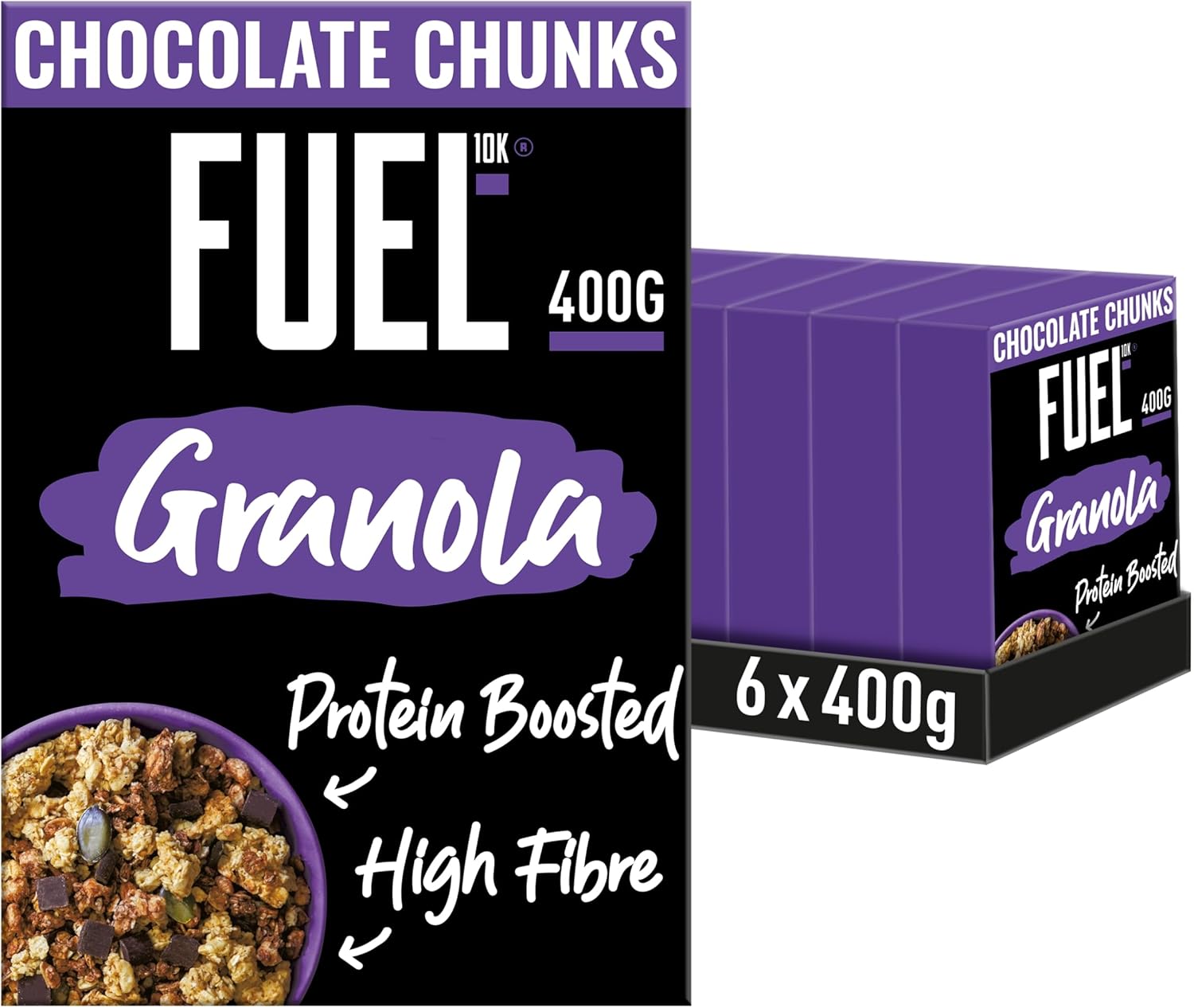 FUEL10K Protein Boosted, Chunky Granola, Chocolate Loaded, 6 x 400 Gram Box - High Fibre, Vitamin Boosted Vegan Cereal with Dark Chocolate Pieces, Jumbo Oats & Pumpkin Seeds