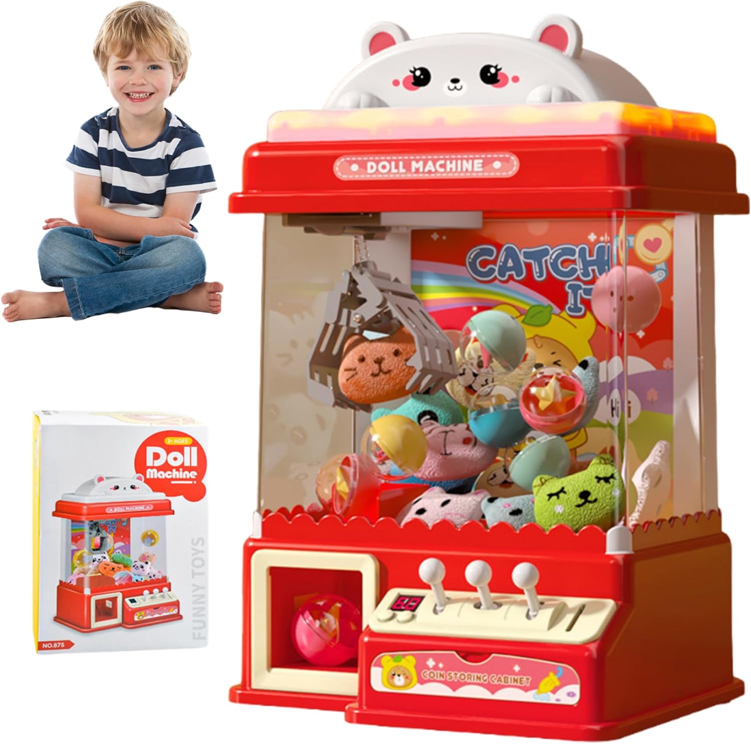 Claw Machine for Kids, Cute Bear Themed Claw Machine with 10 Dolls, 10 Eggs & 20 Coin Dual Powered Mini Claw Machine Party Christmas Birthday Gifts for Kids, Boys & Girls