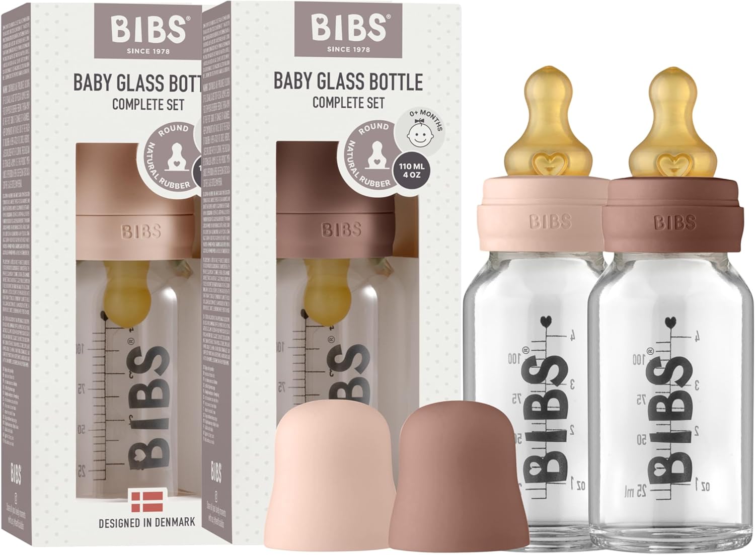BIBS Baby Glass Bottle 2-Pack 110ml. Anti-Colic. Vented Round Natural Rubber Latex Nipple. Supports Natural Breastfeeding, Complete Set - 110 ml (Pack of 2), Blush/Woodchuck