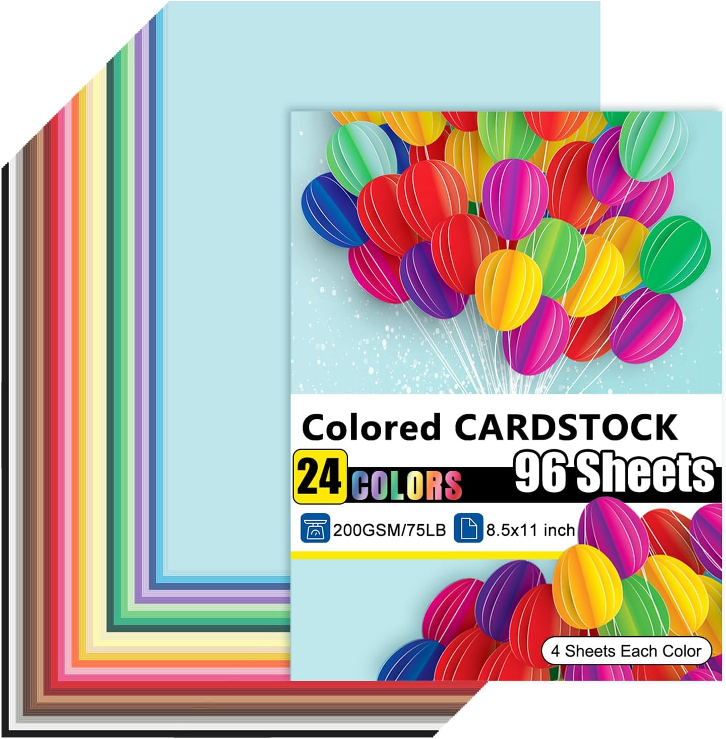 OcePor 96 Sheets Colored Cardstock 24 Colors, 8.5x11 Color Cardstock Bulk, 200gsm/75lb Assorted Colors Construction Paper for Printing, Card Making, Die Cutting, Crafts, Scrapbooking, Party