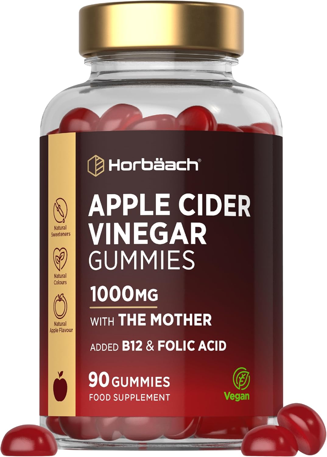 Apple Cider Vinegar Gummies with The Mother 1000mg | with Vitamin B12, Folic Acid & Biotin | 90 Count | Natural Apple Flavour | Suitable for Vegans and Vegetarians | by Horbaach