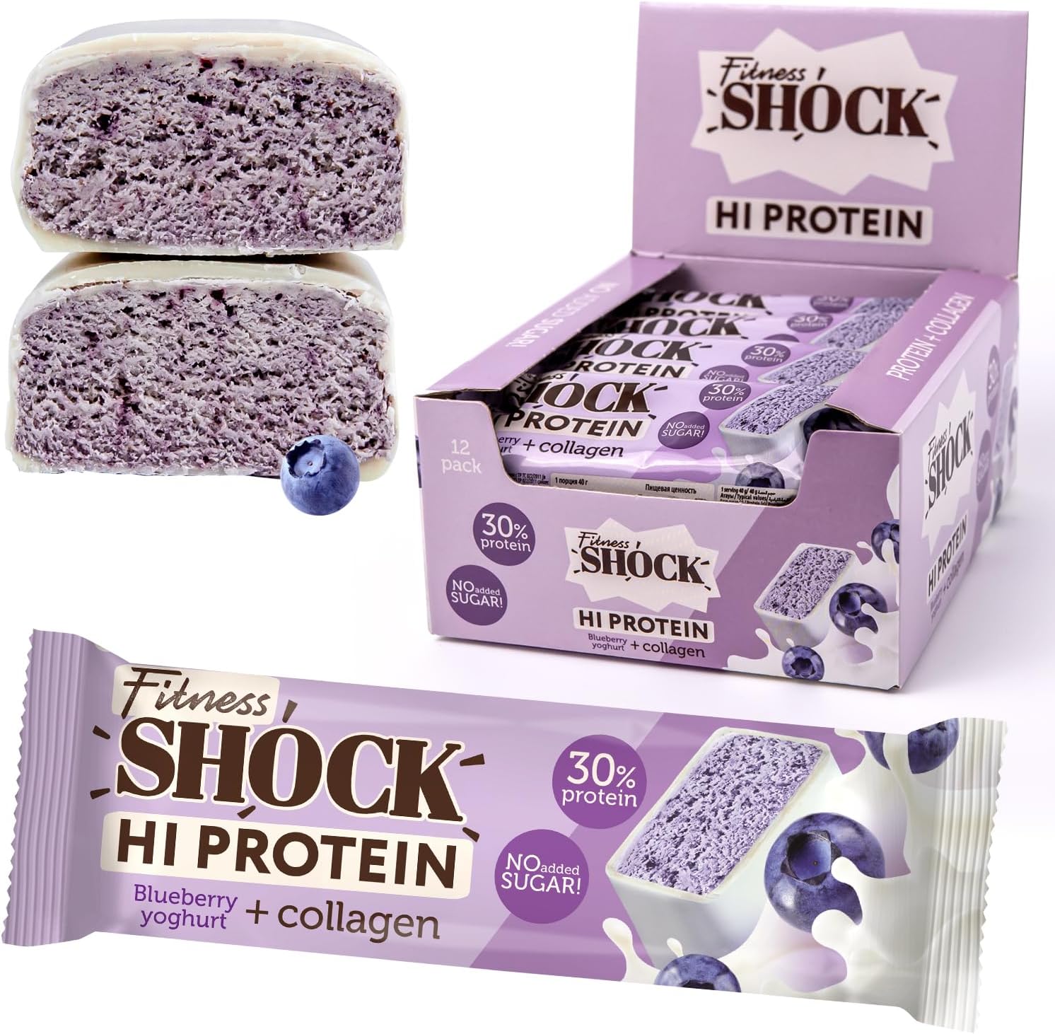 FitnesSHOCK High Protein Bars, 12g Protein, Low Carb, No Added Sugar, Low Calorie 138kcal 5g collagen, Fiber-Rich, Blueberry Yogurt Flavor 12x40g