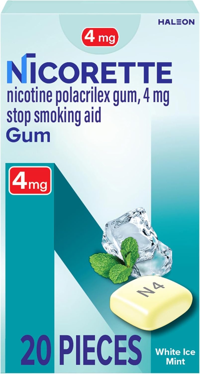 Nicorette 4 mg Nicotine Gum to Help Quit Smoking with Behavioral Support Program - White Ice Mint Flavored Stop Smoking Aid, 20 Count