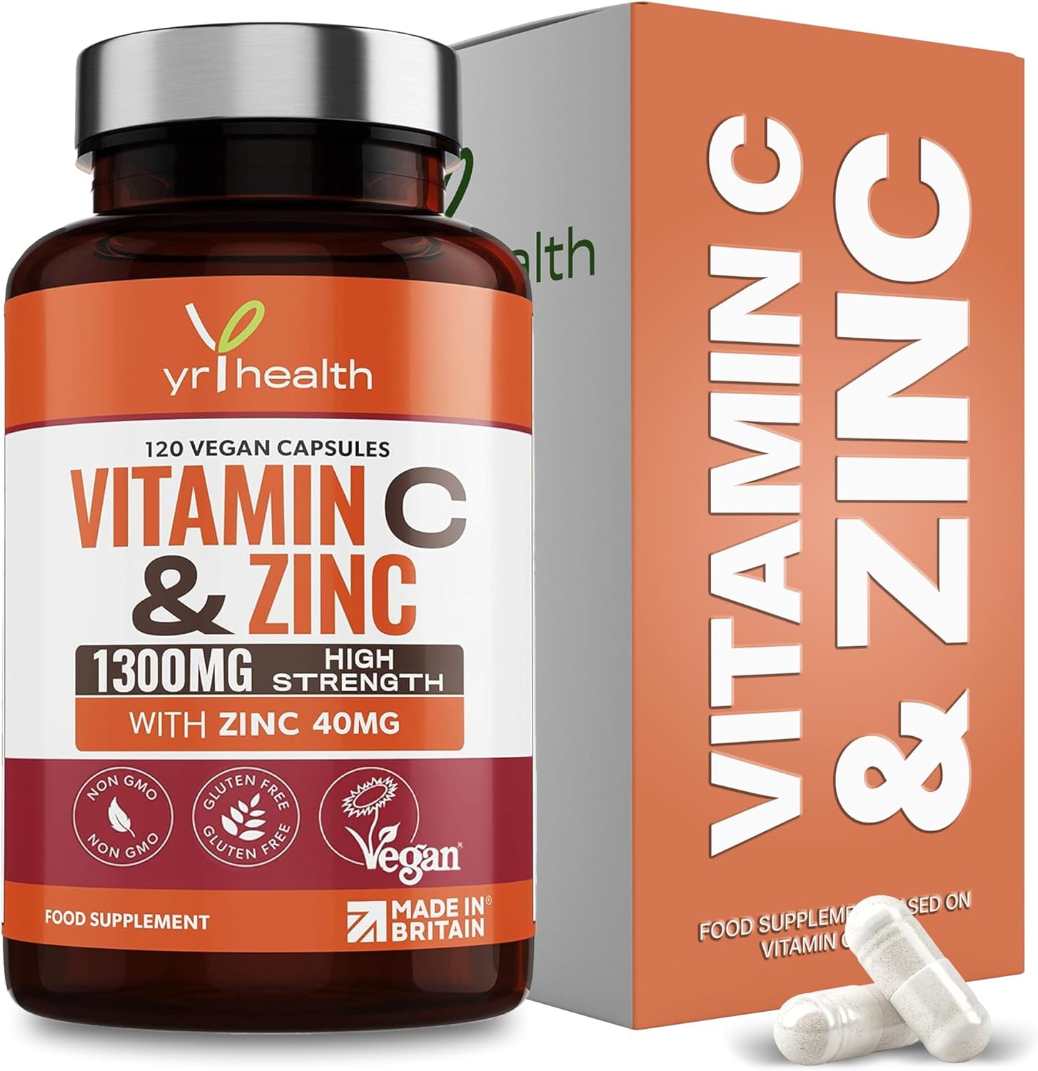 Vitamin C 1300mg and Zinc 40mg High Strength - VIT C and Zinc for Maintenance of Normal Immune System - 120 Vegan Capsules not Tablets - 2 per Daily Serving - Made in The UK by YrHealth