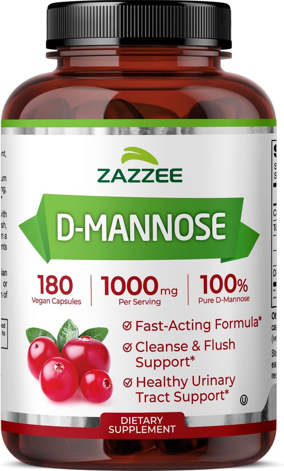 Zazzee D-Mannose, 1000 mg per Serving, 180 Vegan Capsules, 3 Month Supply, Potent & Fast-Acting, Certified Kosher, 100% Pure, All-Natural Urinary Tract Health UTI Support, 100% Vegetarian, Non-GMO