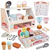 Wooden Ice Cream Set Counter Toy for Toddlers, Wooden Play Food Kitchen Accessories, Pretend Play Ice Cream Shop Toys for Kids Ages 3+, Play Store with Fake Money & Coin