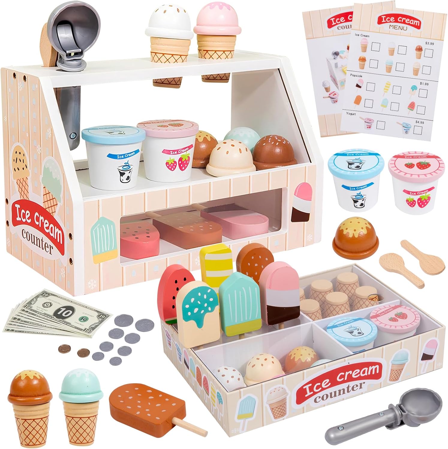 Wooden Ice Cream Set Counter Toy for Toddlers, Wooden Play Food Kitchen Accessories, Pretend Play Ice Cream Shop Toys for Kids Ages 3+, Play Store with Fake Money & Coin