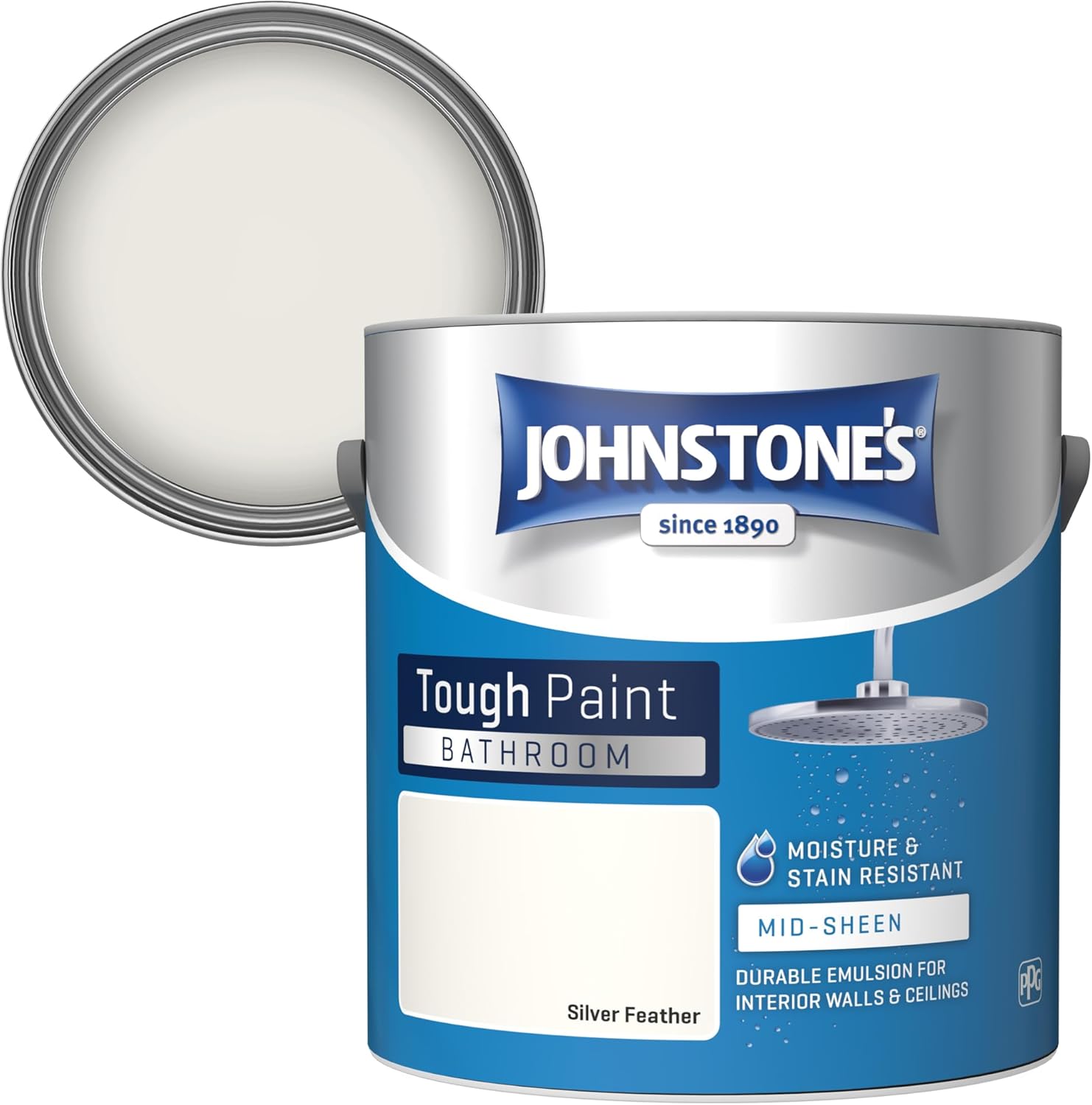 Johnstone's - Bathroom Paint - Silver Feather - Mid Sheen Finish - Stain Blocker Paint - Use in Moist & Damp Areas - Low Odour - Dry in 1-2 Hours - 12m2 Coverage per Litre - 2.5L