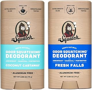 Men's Natural Deodorant - Aluminum-Free Deodorant from Dr. Squatch - Natural Deodorizer - made w/postbiotics & charcoal - Deodorant for Men - Smell fresh with Coconut Castaway and Fresh Falls (2 Pk)