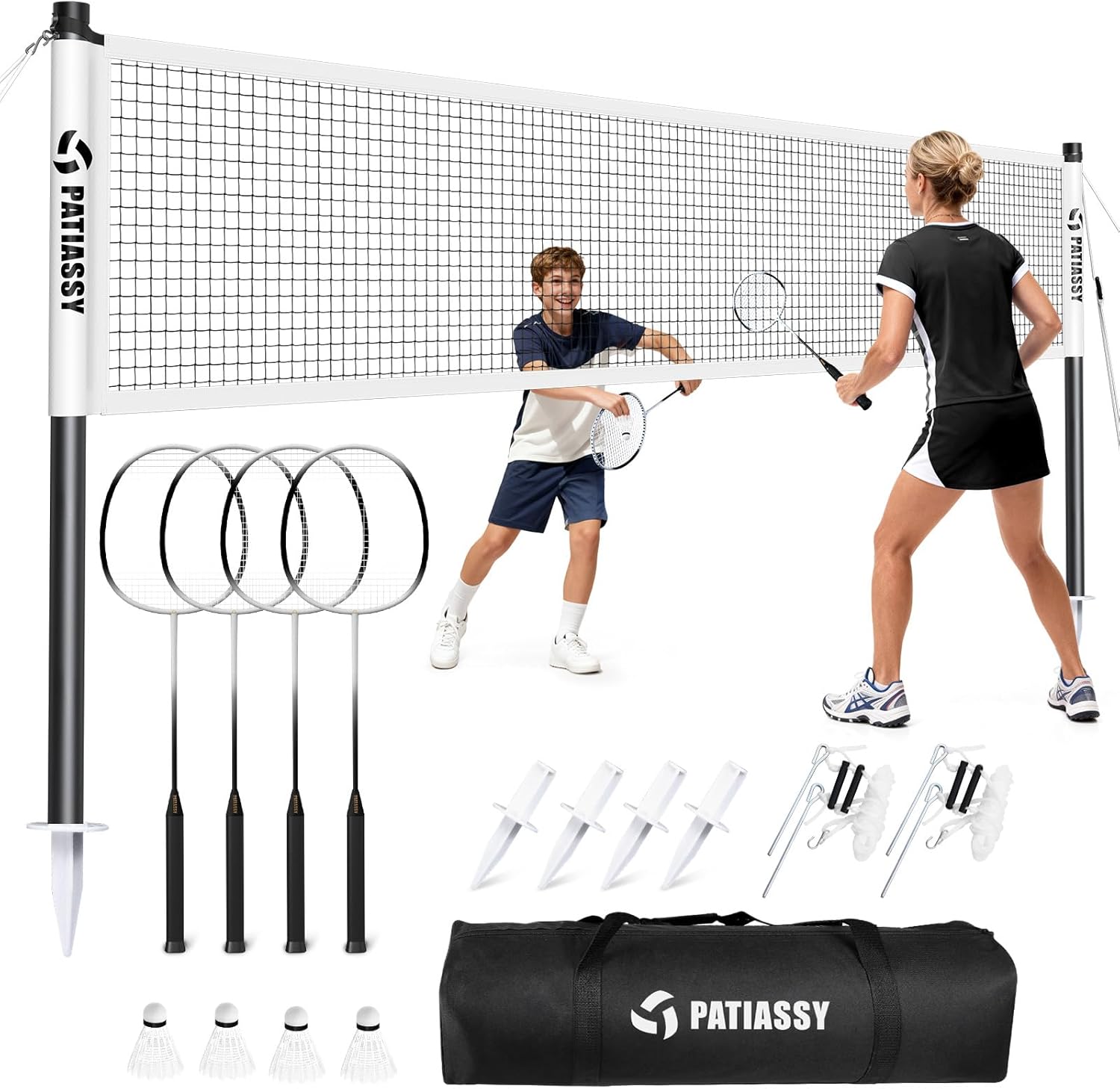 Badminton Set for Backyard, Outdoor Badminton Net with Anti-Sag Design, 4 Professional Badminton Rackets, 4 Shuttlecocks and Carry Bag for Lawn or Beach