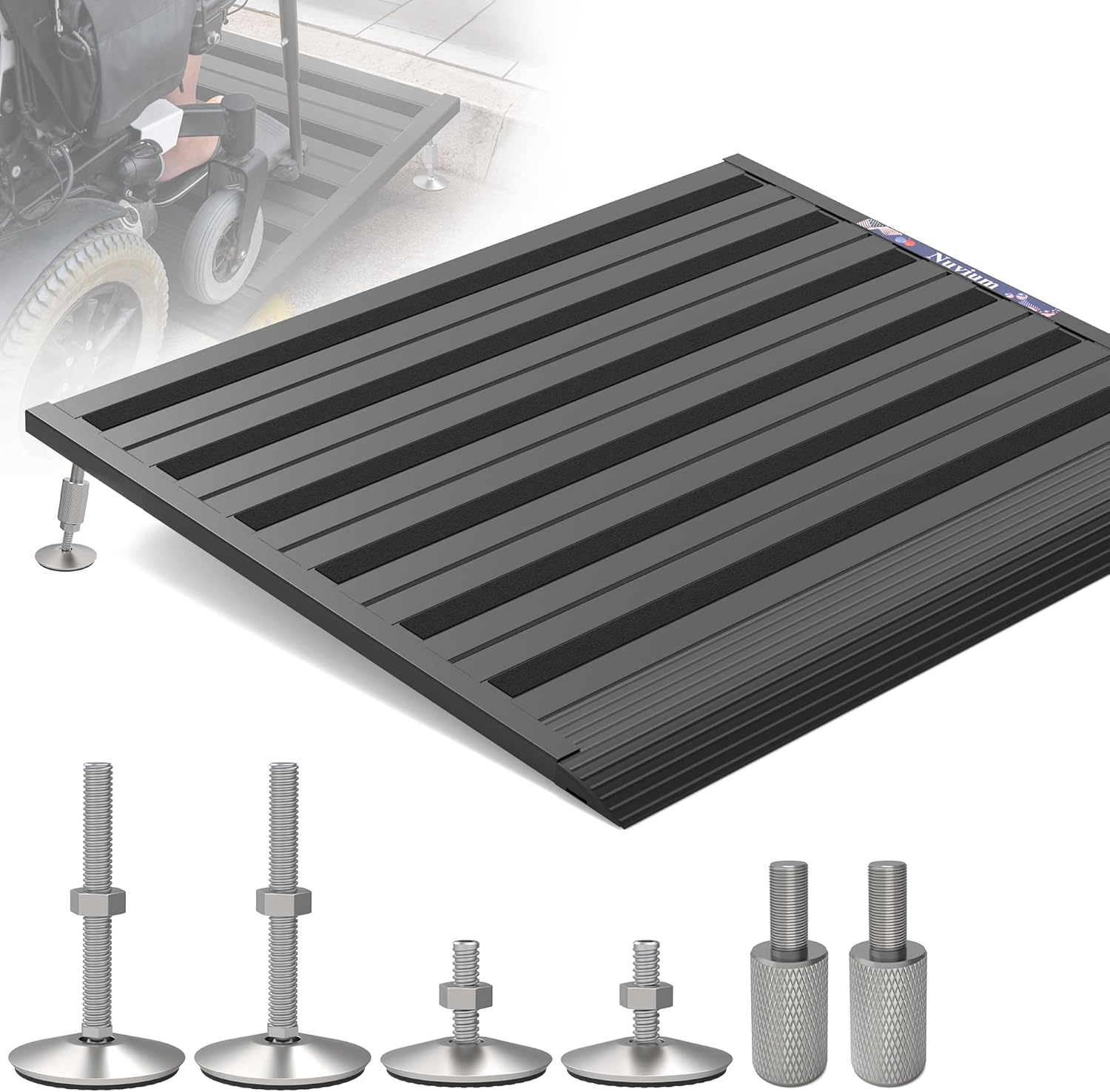 Threshold Ramp for Doorways,Adjustable Height 2.6"-7.3" Aluminum Wheelchair Ramp with Heightening Screws and Swivel Angle Leg,1100lbs Load Capacity,30"W＆36''L Curb Ramp for Trolley,Power Chairs