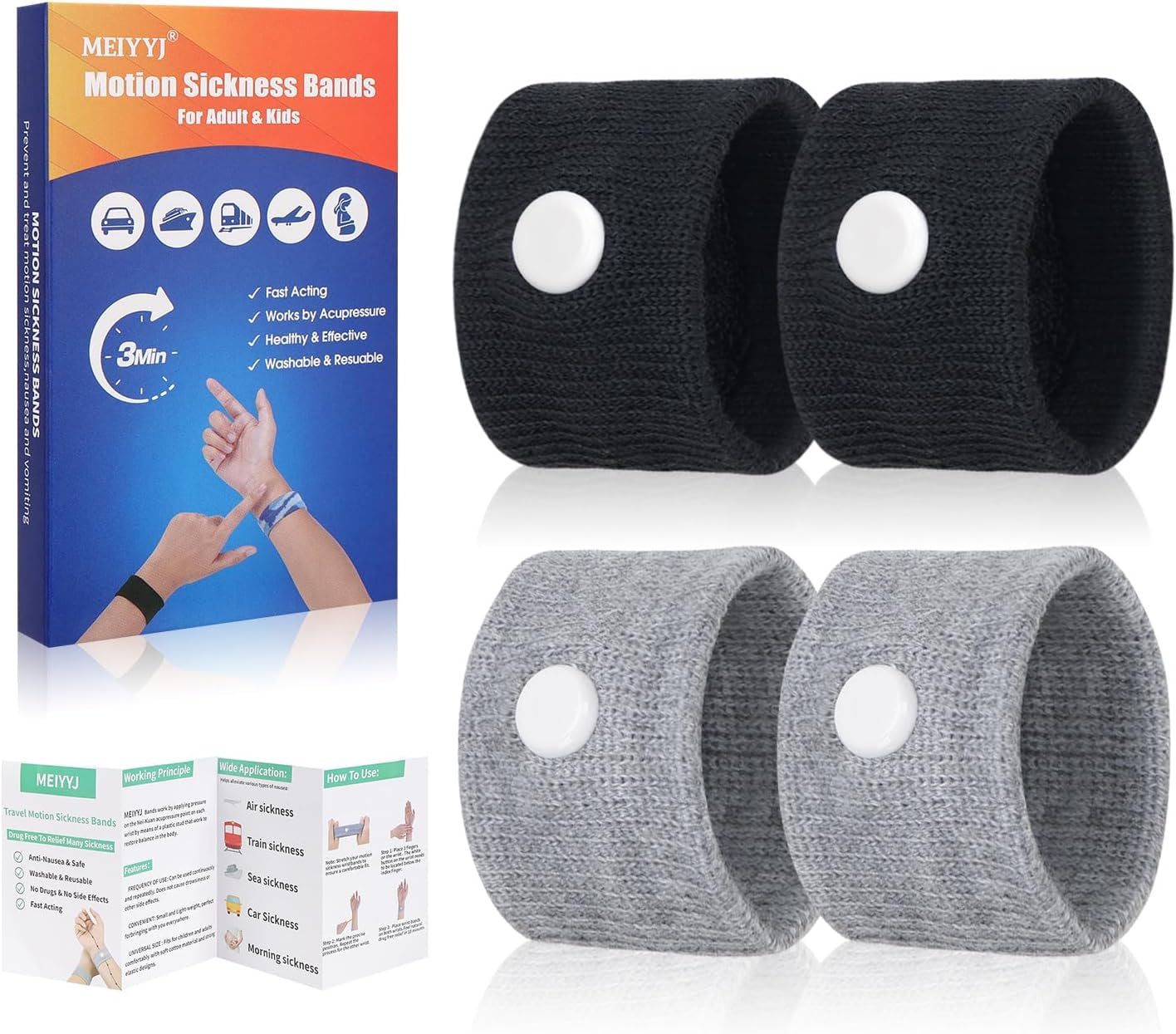 2 Pairs Car Motion Sickness Wristbands Acupressure Nausea Relief Band for Morning Sickness Sea Travel