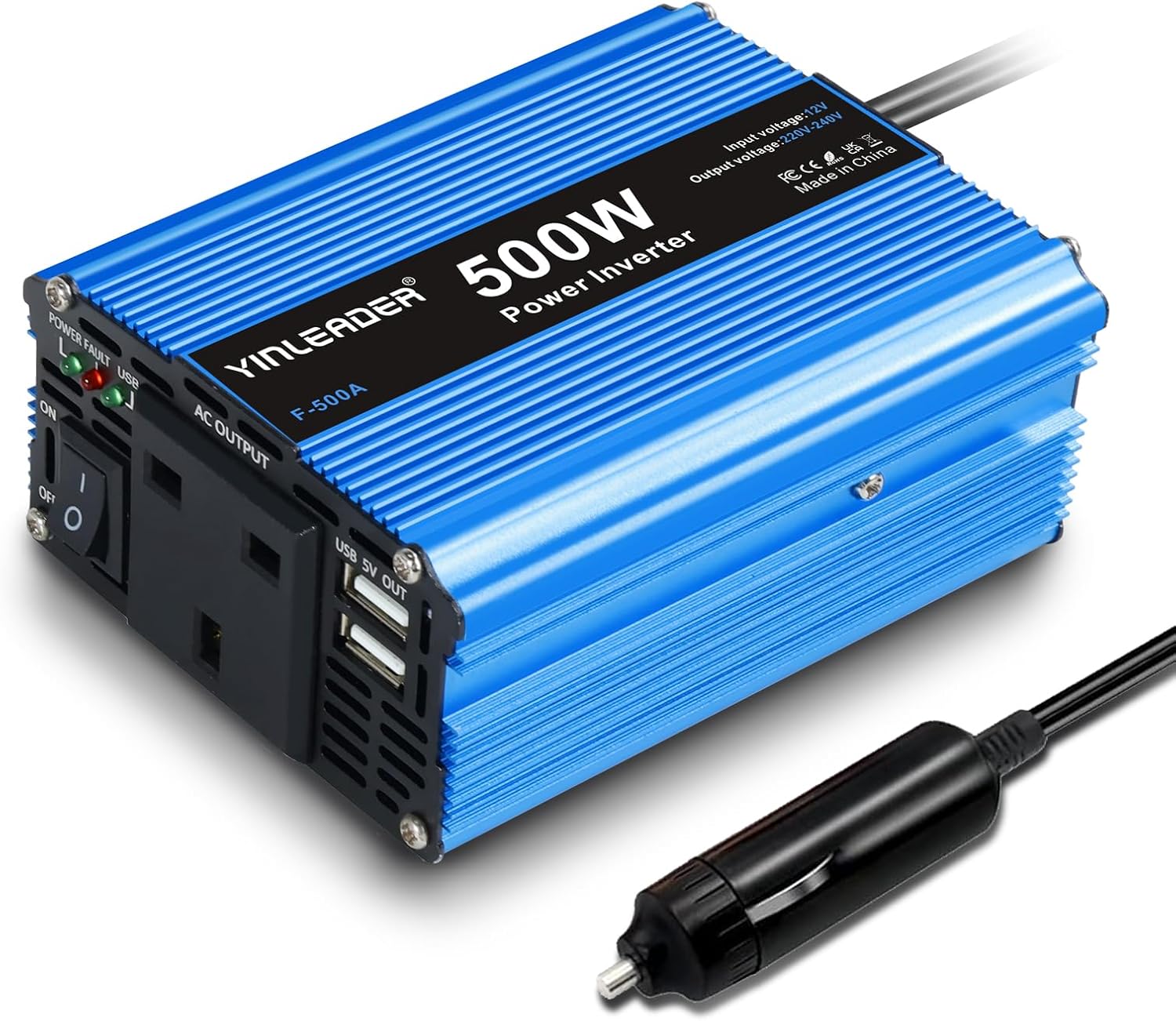 Yinleader 500W Power Inverter DC 12V to AC 230V 240V Transformer Car Charger Lighter Adapter with 3 Pin Plug and Dual USB Ports