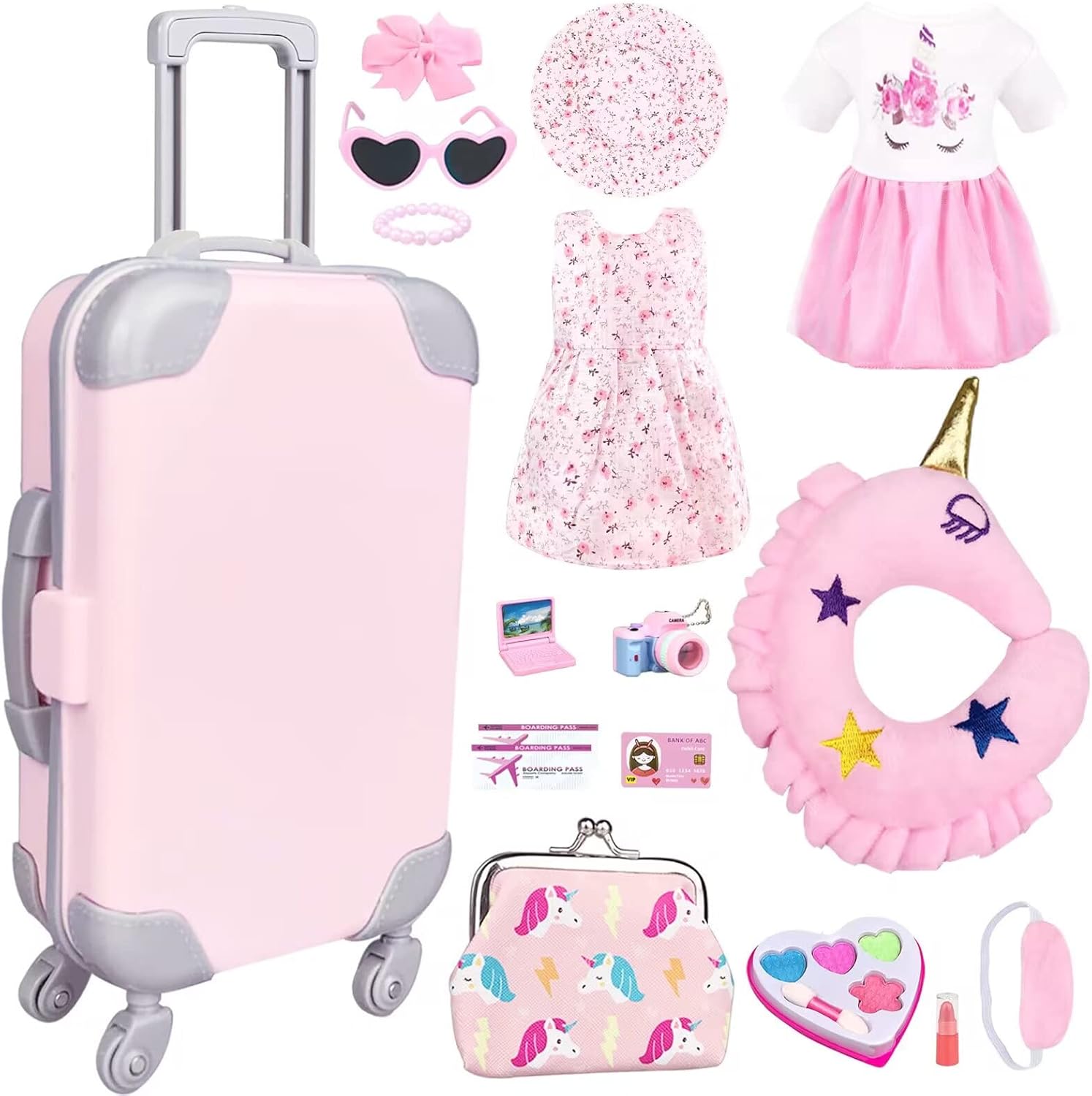 BNUZEIYI 17Pcs 18 Inch Girl Doll Clothes and Accessories Doll Accessories Travel Play Set with Travel Pillow Camera for 18 Inch Dolls Gift for Girls