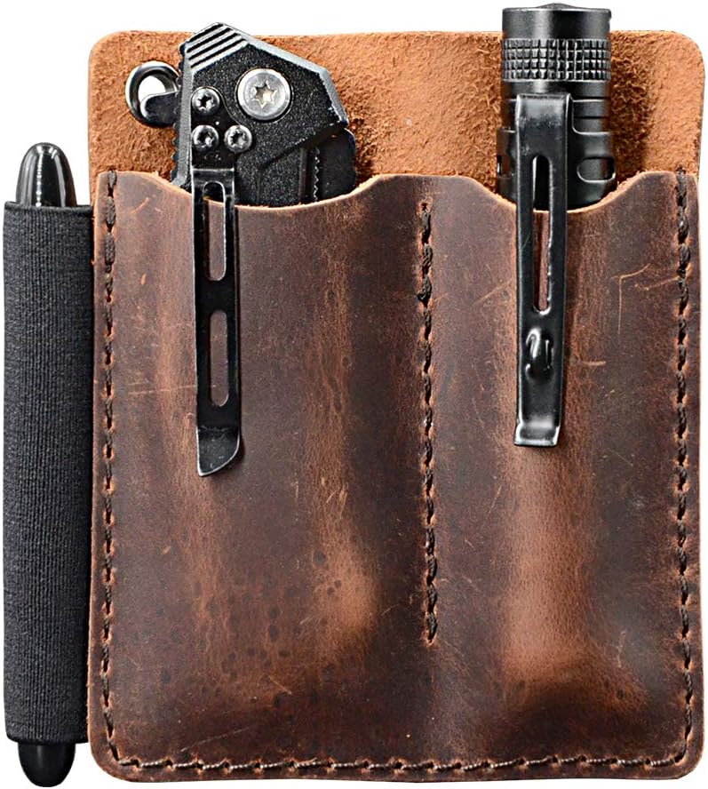 EDC Leather Pocket Organizer, Pocket Slip, Pocket Knife Pouch, EDC Carrier, with Pen Loop, Everyday Carry Organizers, Full Grain Leather. Chestnut.