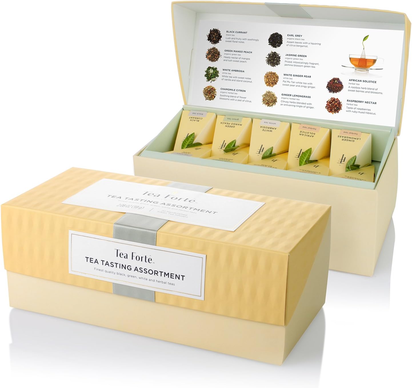 Tea Forte Tea Tasting Assortment Presentation Box Tea Gift Set Sampler, 20 Count 2 of Each Variety Individually Wrapped Handcrafted Pyramid Infuser Bags