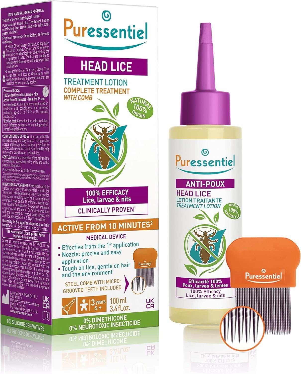 Puressentiel Head Lice Treatment Lotion & Head Lice Comb - Kills 100% Head Lice in Just 10 minutes - 100% Natural Formula - Easy To Apply Lotion 100ml - For kids & Adults - Cruelty Free