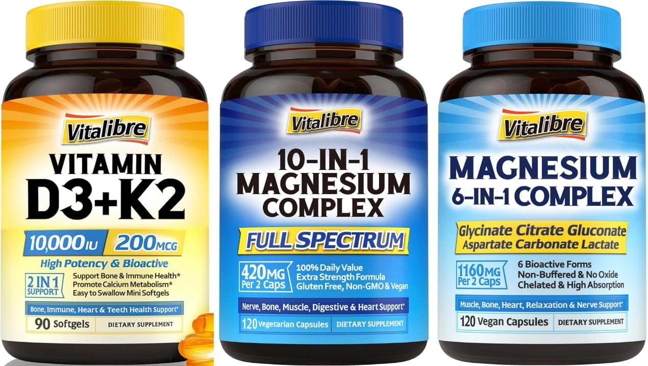 Vitamin D3 K2 Supplement, 10000 IU D3 / 200 mcg K2 MK7 with Magnesium Complex 6 in 1 and Magnesium Complex 10 in 1 (3 Packs)