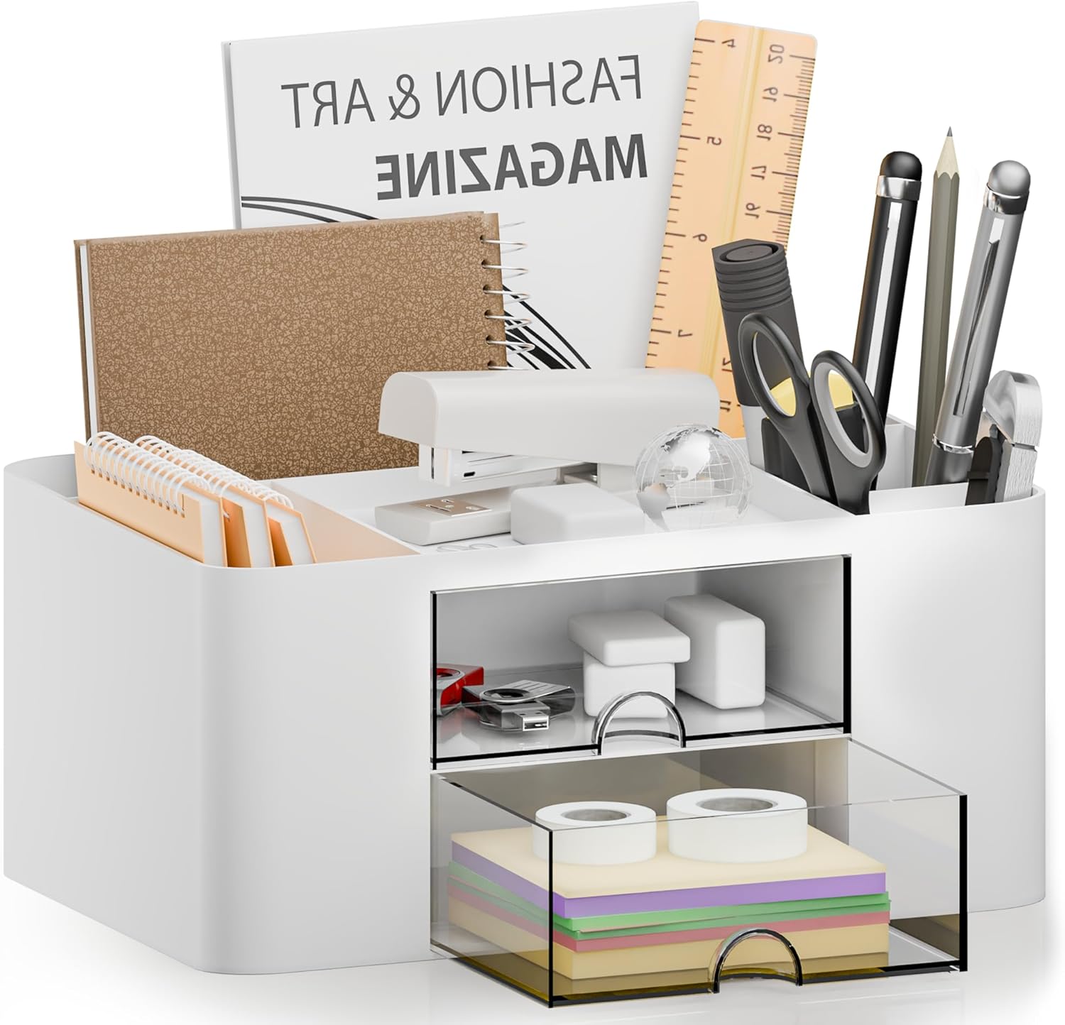 Desk Organizer with 2 Drawer, Multi-Functional Pencil Pen Holder, Plastic Desk Organizers and Storage with 5 Compartments for School Office Art Supplies (White)
