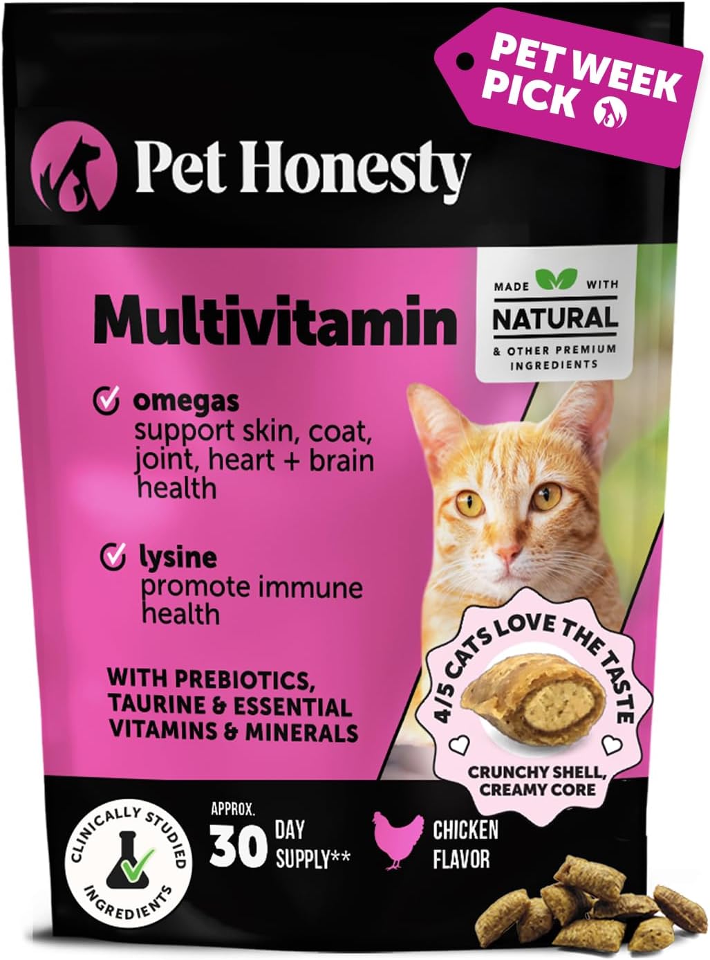 Cat Multivitamin Crunchy & Creamy Chews - Cat Treats for Health + Immune, Joint Support, Skin & Coat, & Digestion - Vitamins with Omega 3s, Lysine & Probiotics (30 Day Supply)