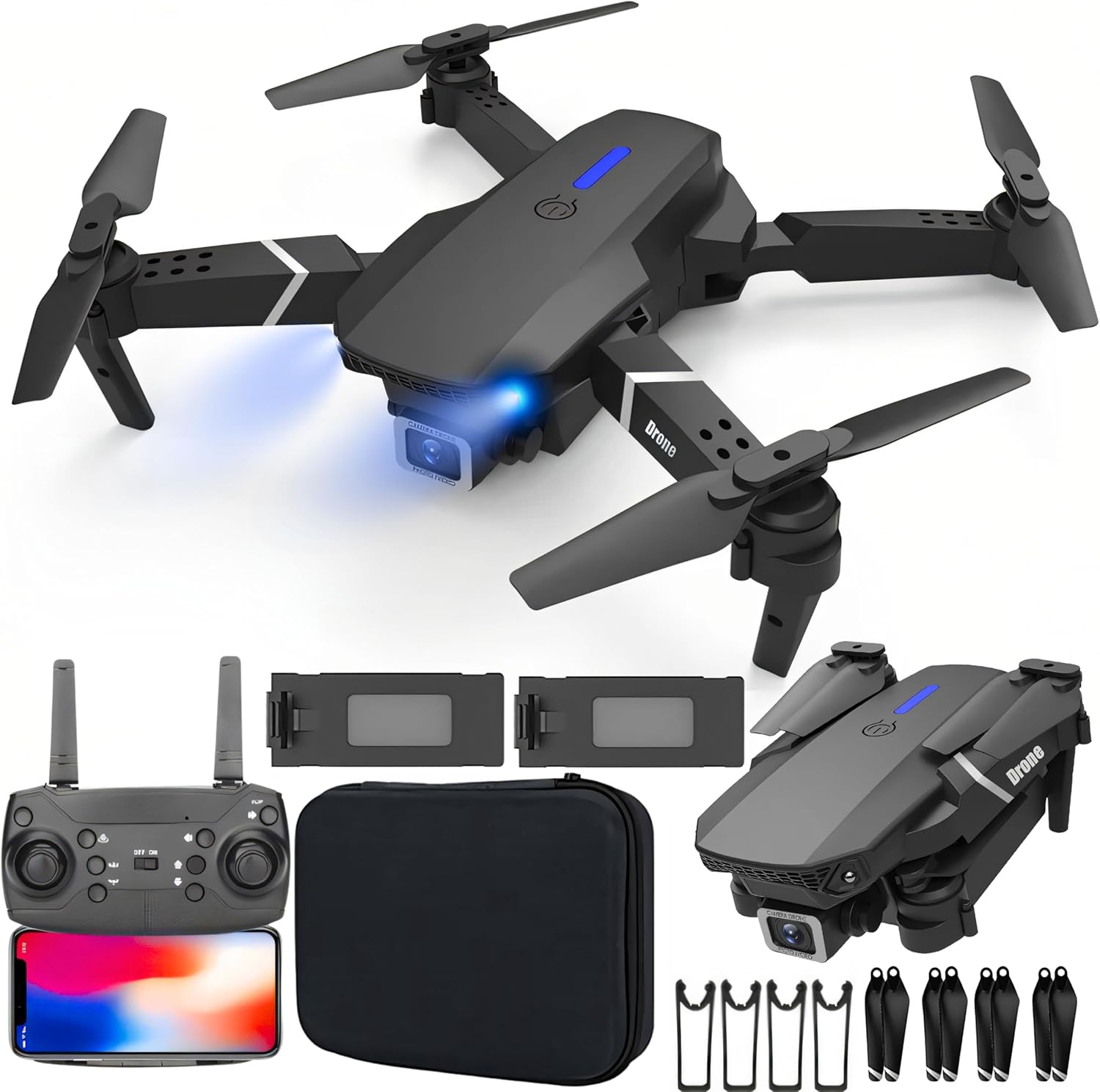 SGM-E88, 4k Camera Drone, Foldable WiFi 4K Dual Camera RC Quadcopter Altitude Hold, Headless Mode, 6 Channel 2.4GHz, 360° Rotation Stunt, With Storage Bag and 2 Batteries For Kids & Adult