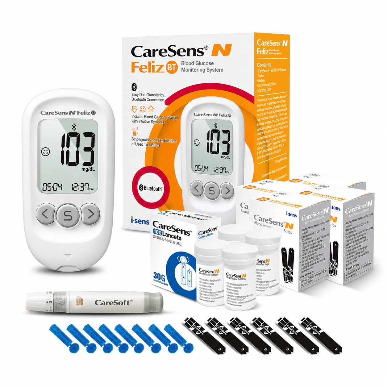 CareSens N Feliz Bluetooth blood glucose monitor, 200 Glucose Test Strips, 100 Lancets and 1 Lancing Device, Quick Guide, Carring case.